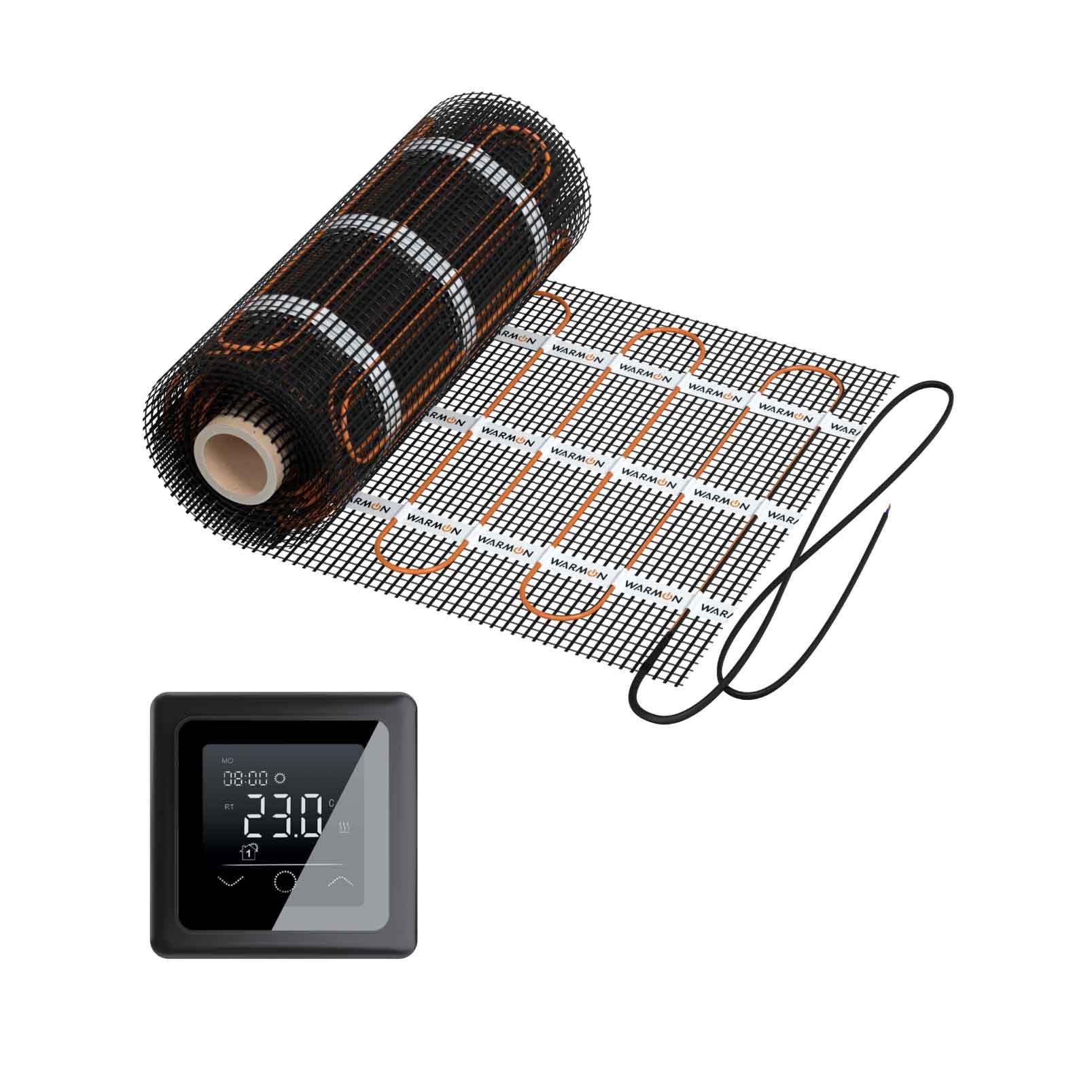 Elektryczne ogrzewanie podłogowe: dwużyłowa mata grzewcza WARMON CLASSIC LIGHT 100 W/m² do płytek z termostatem dotykowym serii 750, termostat: TP 750 Non WiFi - czarna, rozmiar maty: 2 m²