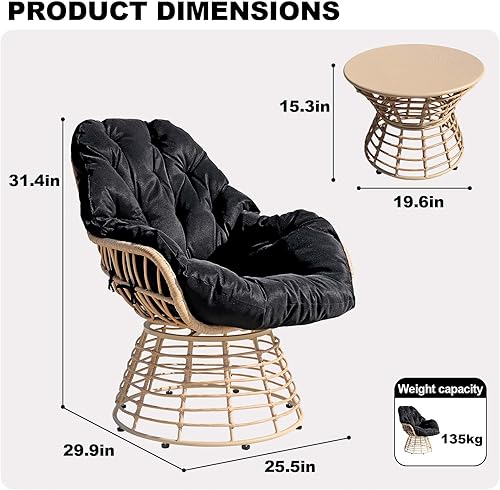 Miniatura 7 de Juego de 3 sillas giratorias para patio exterior, tumbona de lujo de mimbre PE giratoria de 360 con mesa auxiliar de 20 pulgadas, cojín suave y