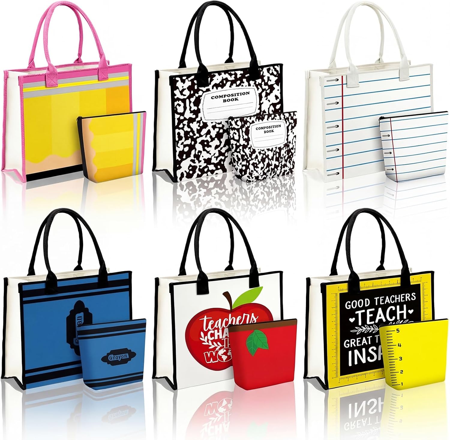 Paterr 12 Pcs Teacher Appreciation Gift Bulk 6 Canvas Tote Bag with 6 Makeup Bag Thank You Teacher Graduation Gifts for Women Graduation Birthday Christmas School Office Supplies