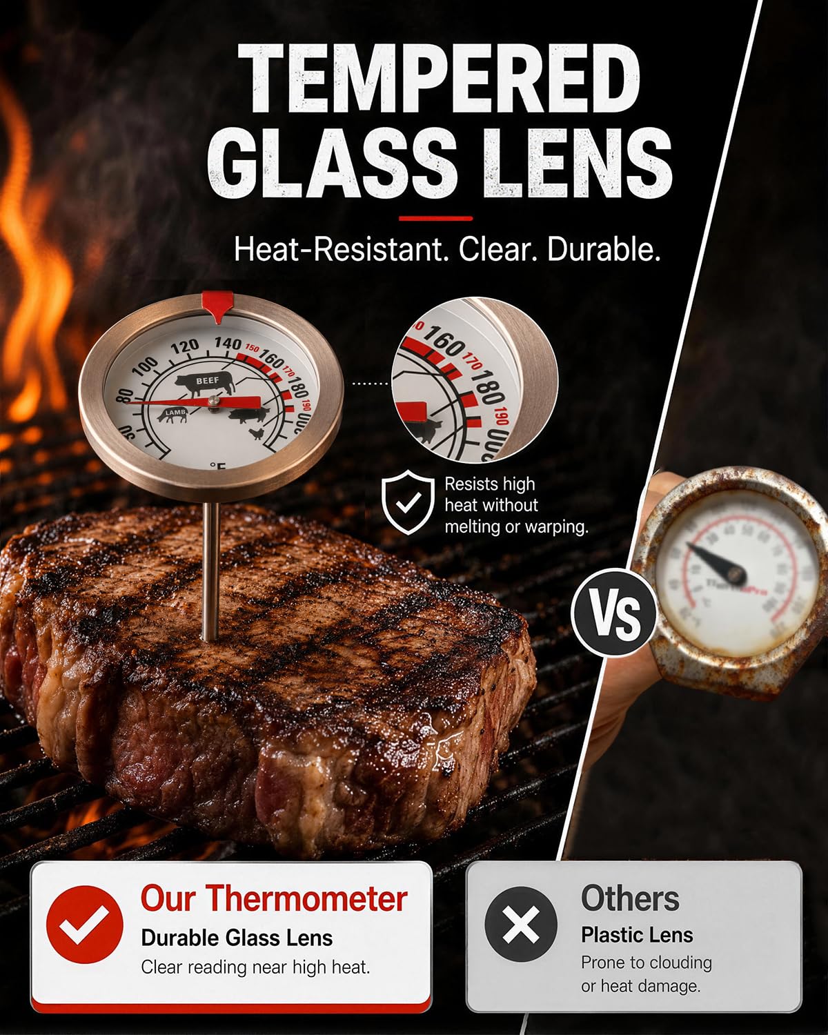 Termometro per carne da 150 a 190 °C, quadrante grande da 5 cm, termometro analogico per alimenti senza batteria, con icone di cottura e indicatore rosso rimovibile