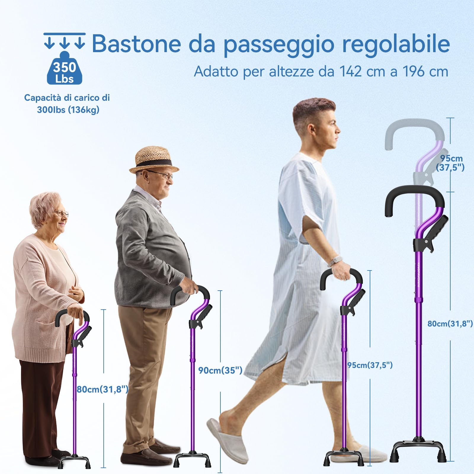 KingPavonini Bastone da passeggio per donne/uomini con manico secondario, pieghevole e regolabile, con base a 4 punte per stare in piedi, bastone da passeggio leggero per anziani e adulti