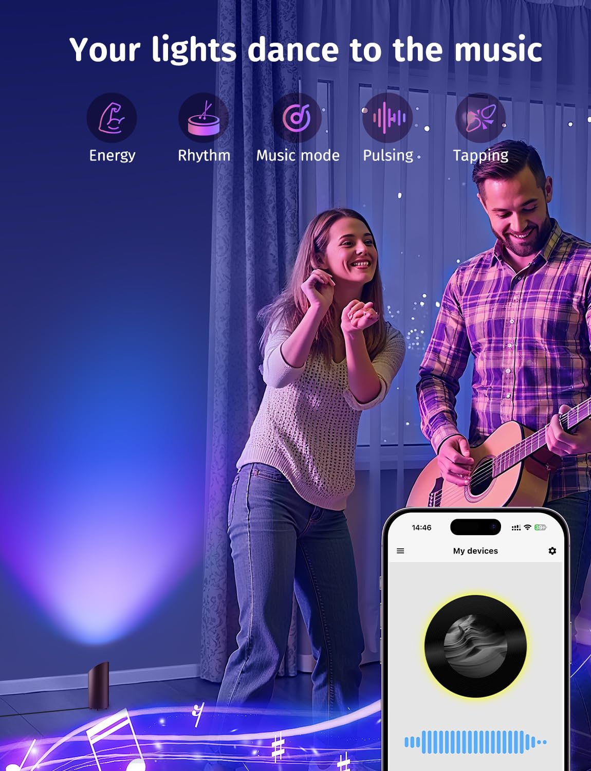 GeyouLux 5W RGBW LED Uplight Spot Regulable, Lampara Pie Led Para Salón con Mando a Distancia, Control a TravéS De La Aplicación, Temporizador, Modo Música Para Salón, Videojuegos, Negro 2 Piezas