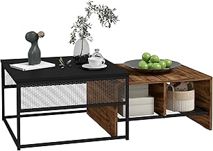 HOMCOM Nesting Tables Set of 2, Industrial Coffee Table Set, Square Coffee Table and 2-Tier Narrow Side Table with Storage Mesh Shelves, Steel Frame for Living Room, Rustic Brown