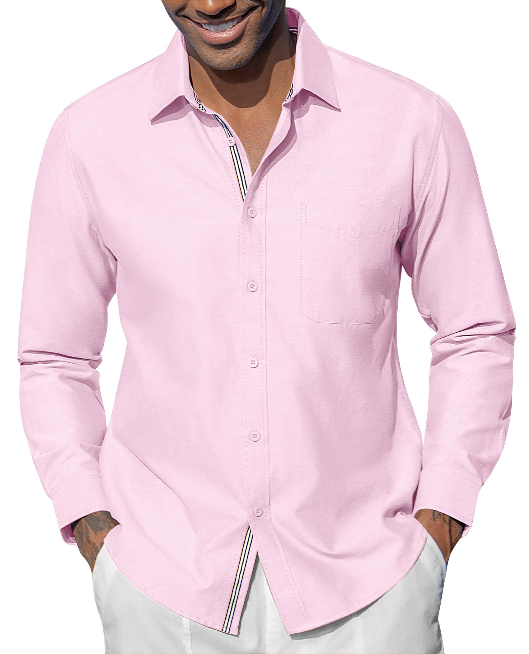 Oxford Dress Shirts for Men Long Sleeve Oxford Casual Dress Button Down Shirts Contrast Button Shirts with Pocket