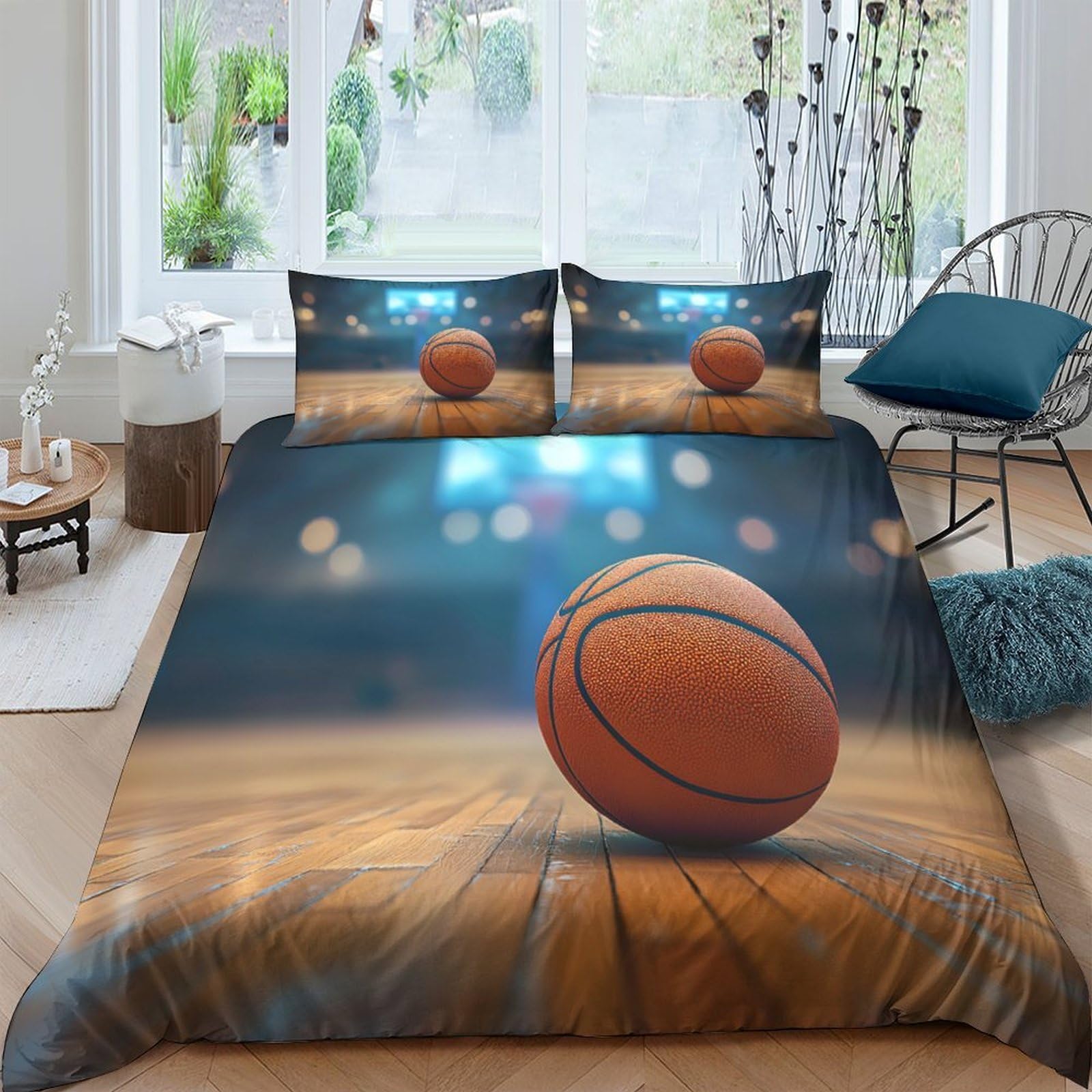 GPLZQXKJNH 3D Printed Basketball Court Duvet Cover Set Microfiber Soft Breathable Sports Bedding Set with 2 Pillowcases for Bedroom Decor Single（135x200cm）