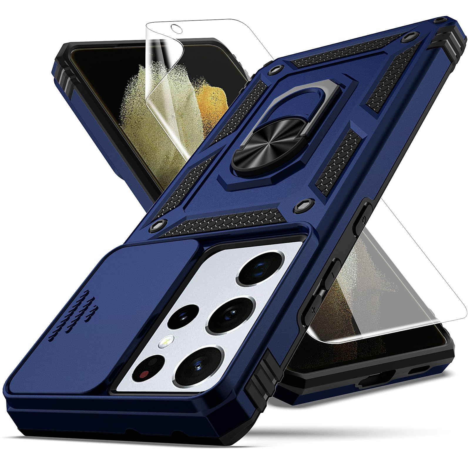 YZOK for Samsung Galaxy S21 Ultra Case,with Camera Lens Cover HD Screen Protector,[Military Grade] Ring Car Mount Kickstand Hybrid Hard PC Soft TPU