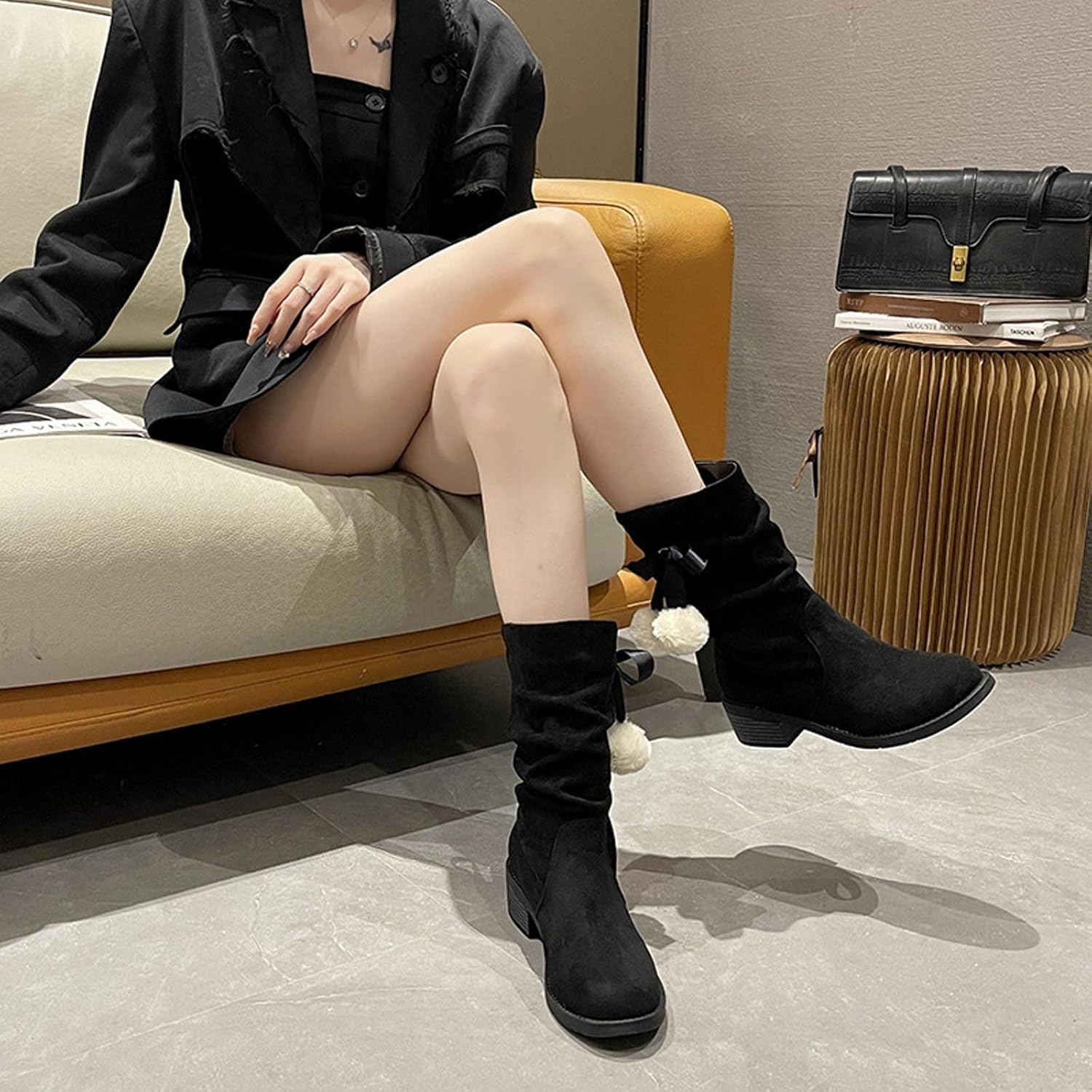 Womens Ankle Boots Fashion Plush Ball Winter Warm Snow Shoes Chunky Heel Non-slip All-Match Outdoor Hiking Booties