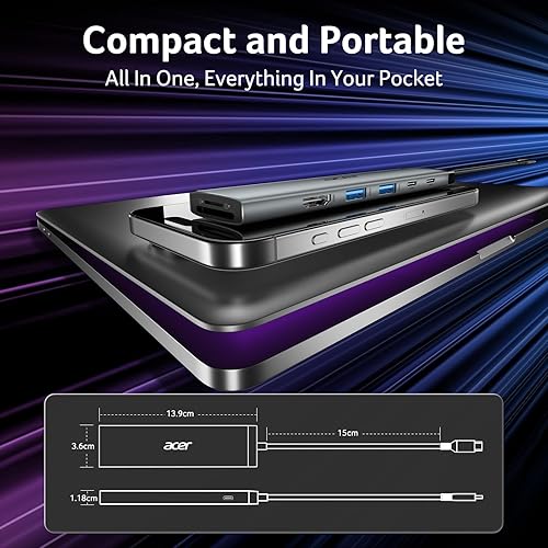 Miniatura 8 de Acer 8 en 1 Hub USB C 10Gbps, Adaptador USBC a HDMI 4K@60Hz, 2×USB-C 3.2, 2×USB A 3.0 Transferencia de Datos, Puerto PD de 100W Tipo C Divisor