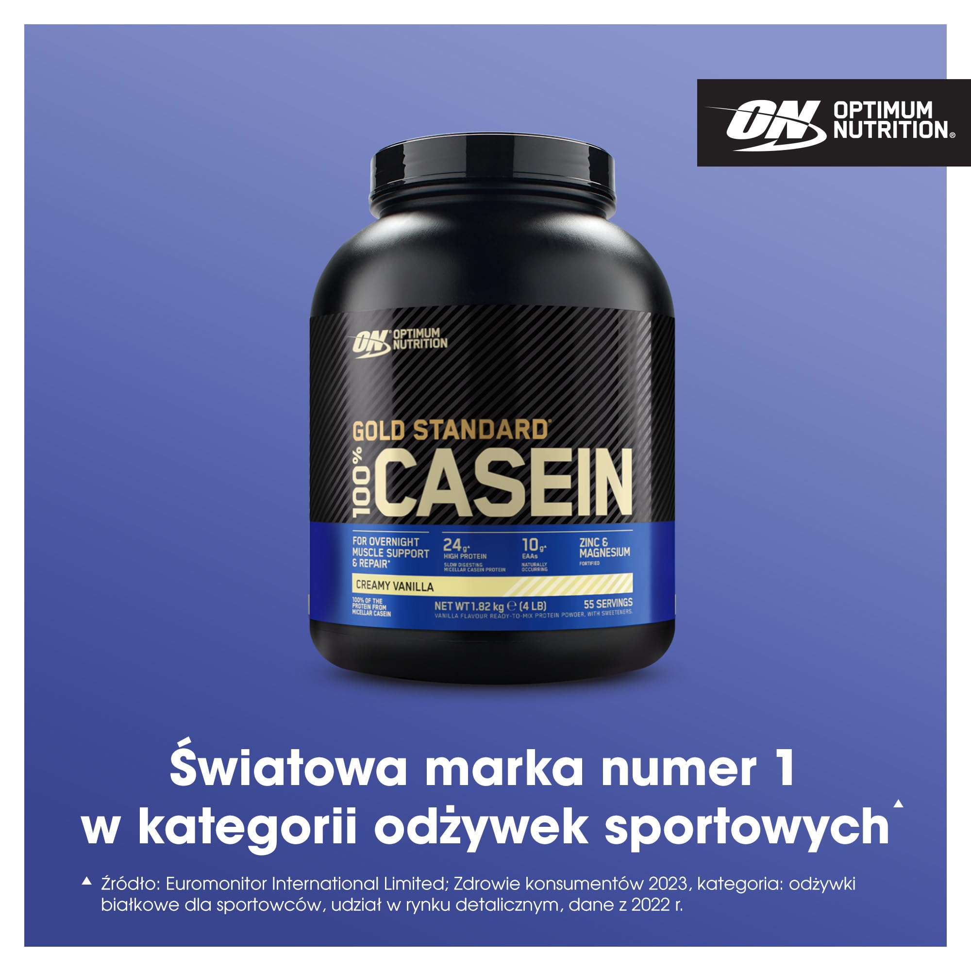 Optimum Nutrition Gold Standard 100% Casein Wolno przyswajalna odżywka na noc z cynkiem, magnezem i aminokwasami, wspomagająca wzrost i odbudowę mięśni, smak Creamy Vanilla, 55 porcji, 1,82 kg