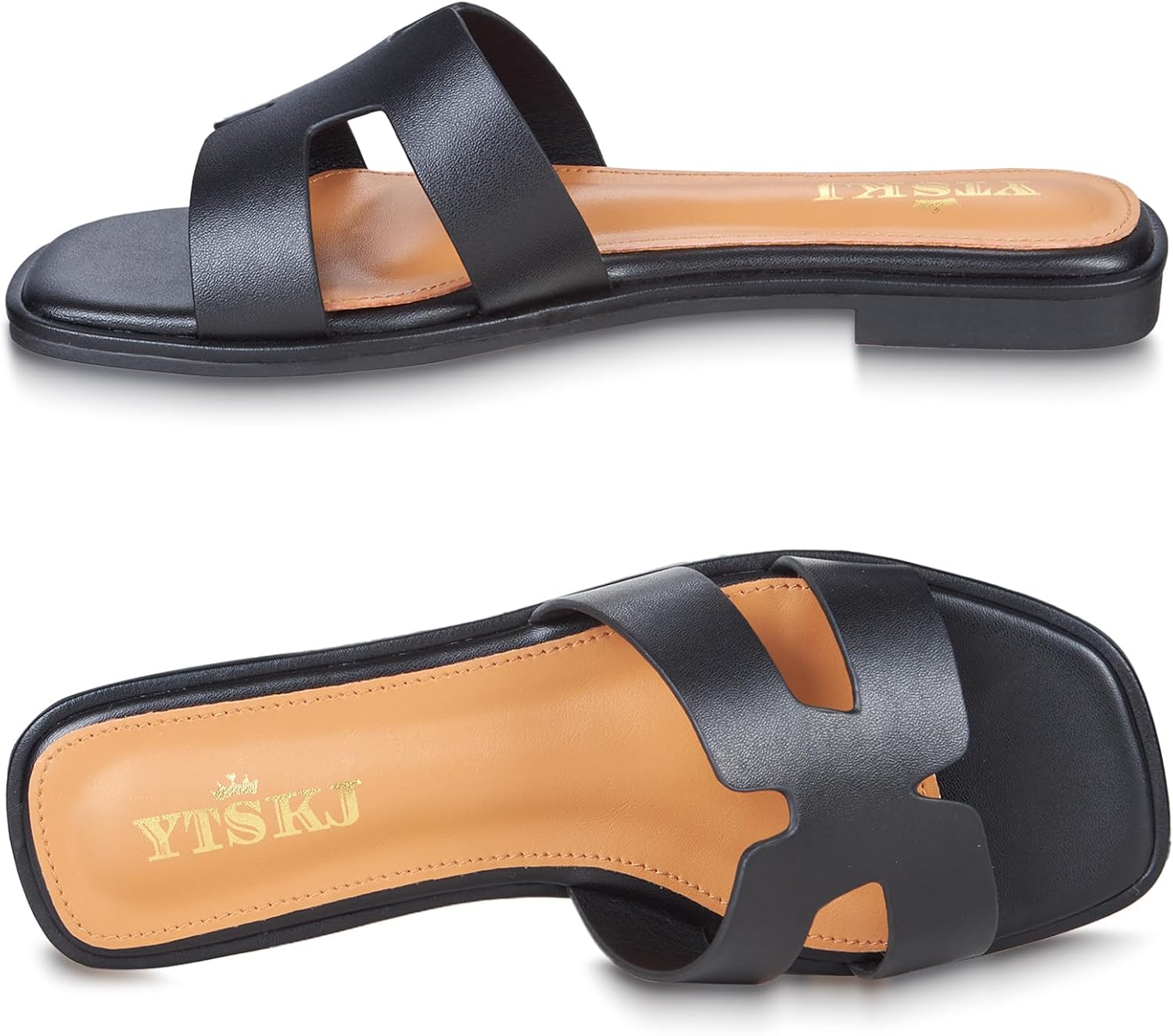 Sandals for Women 2025 Dressy Cute Summer Flat Slides Comfortable Soft Leather for Ladies Casual Square Open Toe Slip On Beach Sandals 8 Black image 5 of 6 B0DSG1VB68