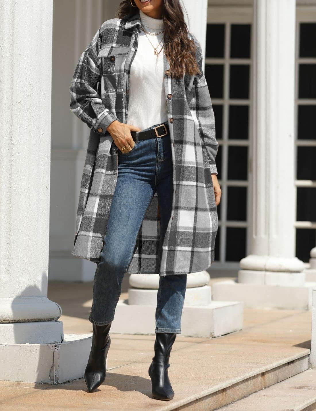 FindThy Women’s Long Plaid Shacket Wool Blend Button Down Shirt Jacket Coat with Pockets - Image 3