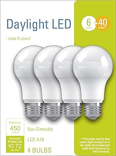 GE Lighting LED Light Bulbs, A19 Standard Bulb, 6 Watts (40 Watt Equivalent) Daylight, Medium Base, Non-Dimmable (4 Pack)