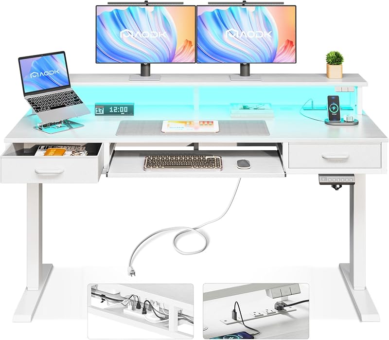 AODK 55 Inch Electric Standing Desk with Drawers & Keyboard Tray, White | Power Outlet, LED Lights, Monitor Stand, Cable Management Tray, 3 Memory Heights, 29.9"-46.1" in Range