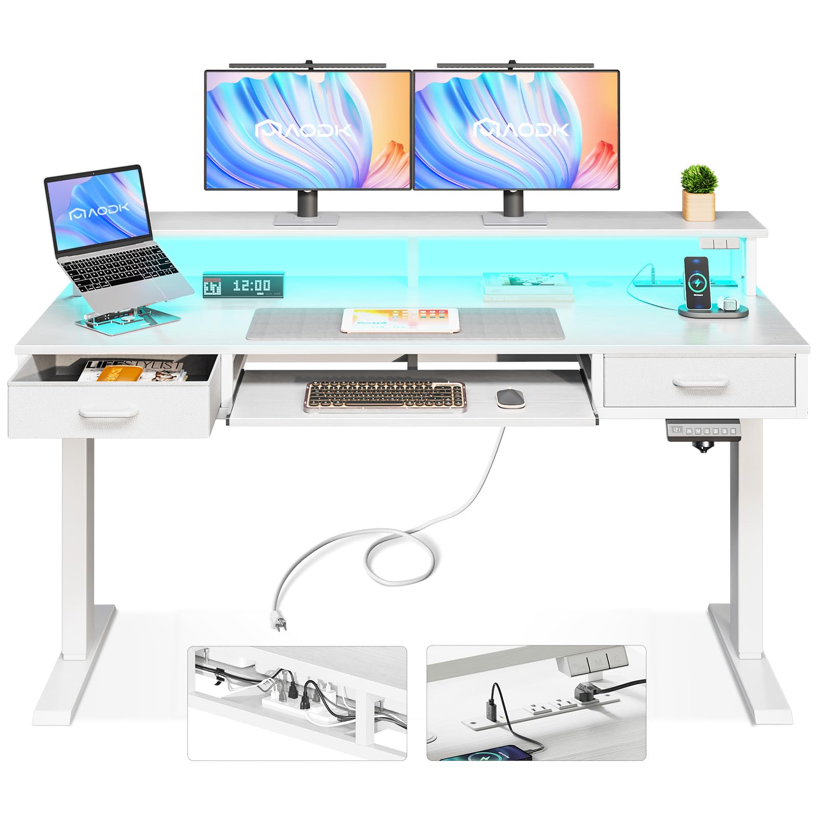 AODK Electric Standing Desk with Drawers & Keyboard Tray, 55 Inch Height Adjustable Gaming Desk with Power Outlets & LED Lights, Sit Stand Table with Monitor Stand for Home, Office, White