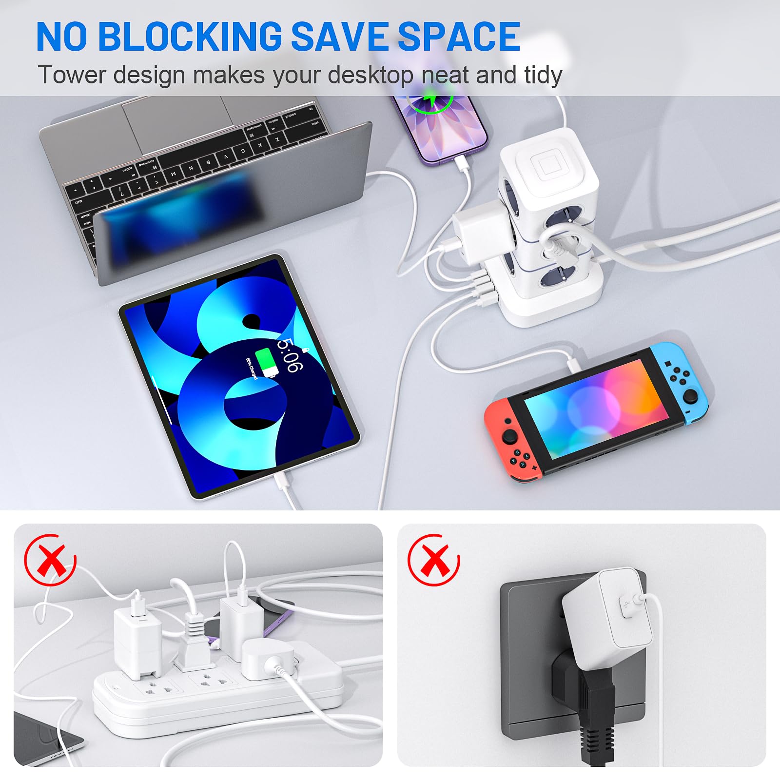 Power Strip Sockets 16 in 1 Vertical Power Strip Plugs with 12 Outlets and 2USB-A 2USB-A 2USB-C Tower Power Strips Sockets 2500W/10A Overload Protection 3 Meter Cable with Switch for Office Home — view 5
