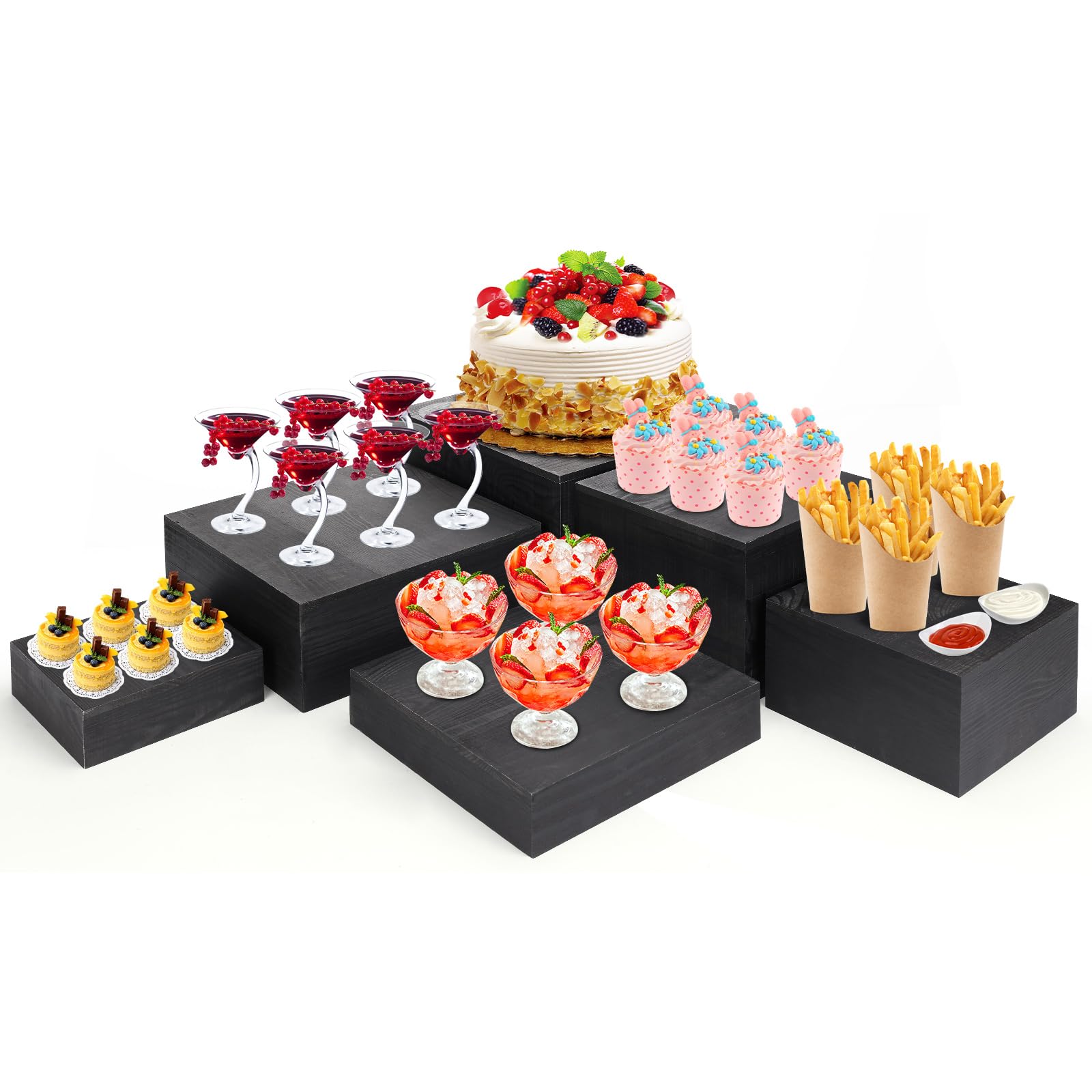 Photo 1 of MOJIEZUO 6 Pack Black Wooden Buffet Risers Display Stands,Wooden Stackable Display Box Rustic Cupcake Display Stand for Dessert Wedding Birthday Baby Shower Christmas Village Party Decoration