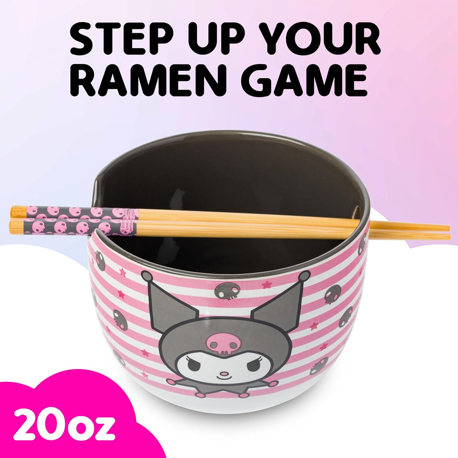 Silver Buffalo Hello Kitty and Friends Kuromi Skulls and Stars Ceramic Ramen Noodle Rice Bowl with Chopsticks, Microwave Safe, 20 Ounces - Image 2