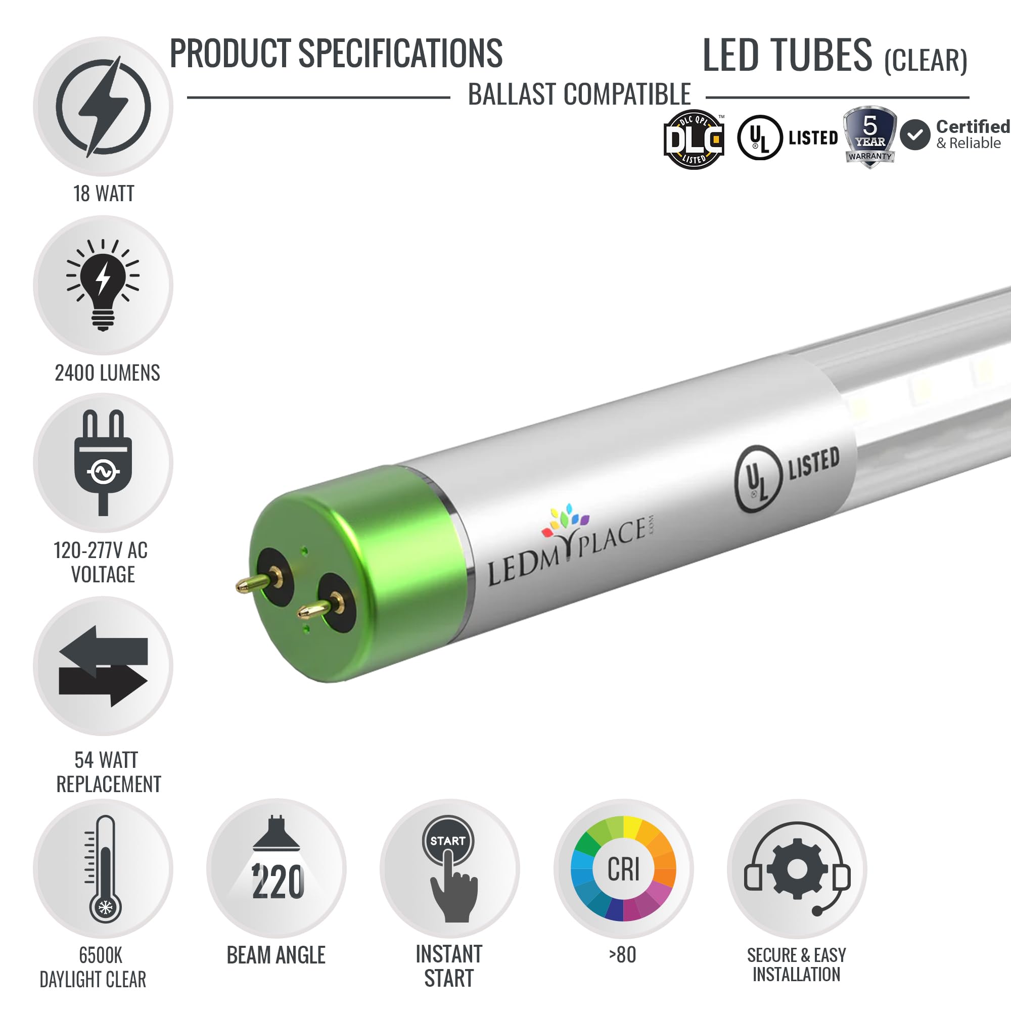 LEDMyplace 18W 4ft LED Tube Light with Clear Glass, 6500K, 2400LM