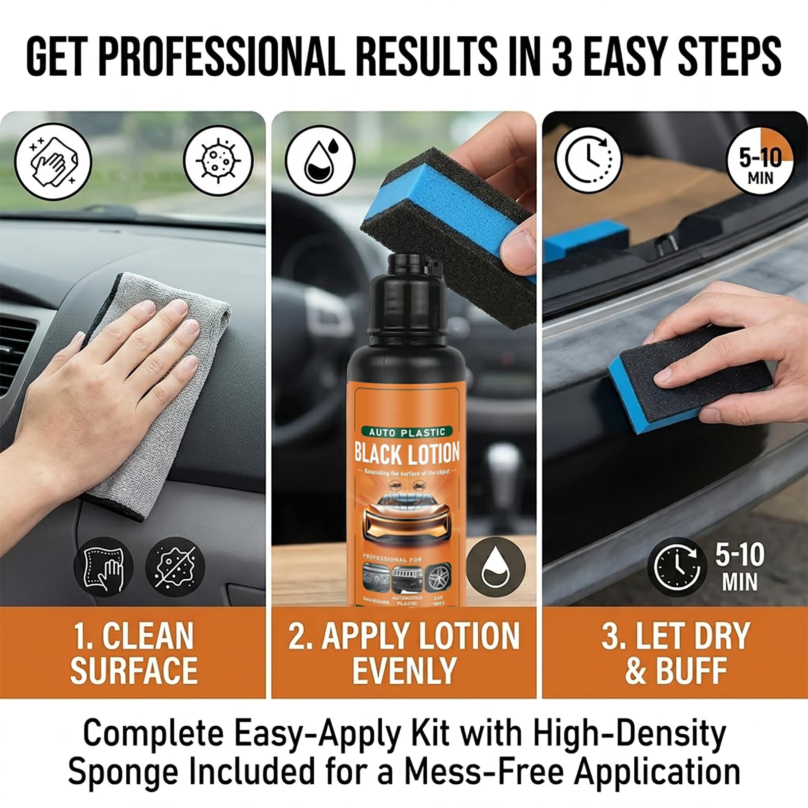 Auto Plastic Restorer Kit, Auto Plastic Black Lotion for Dashboard Door Panel Bumper Tire Trim, Car Plastic Restorer & Interior Cleaner Fast Drying Long Lasting Coating (2Pcs)