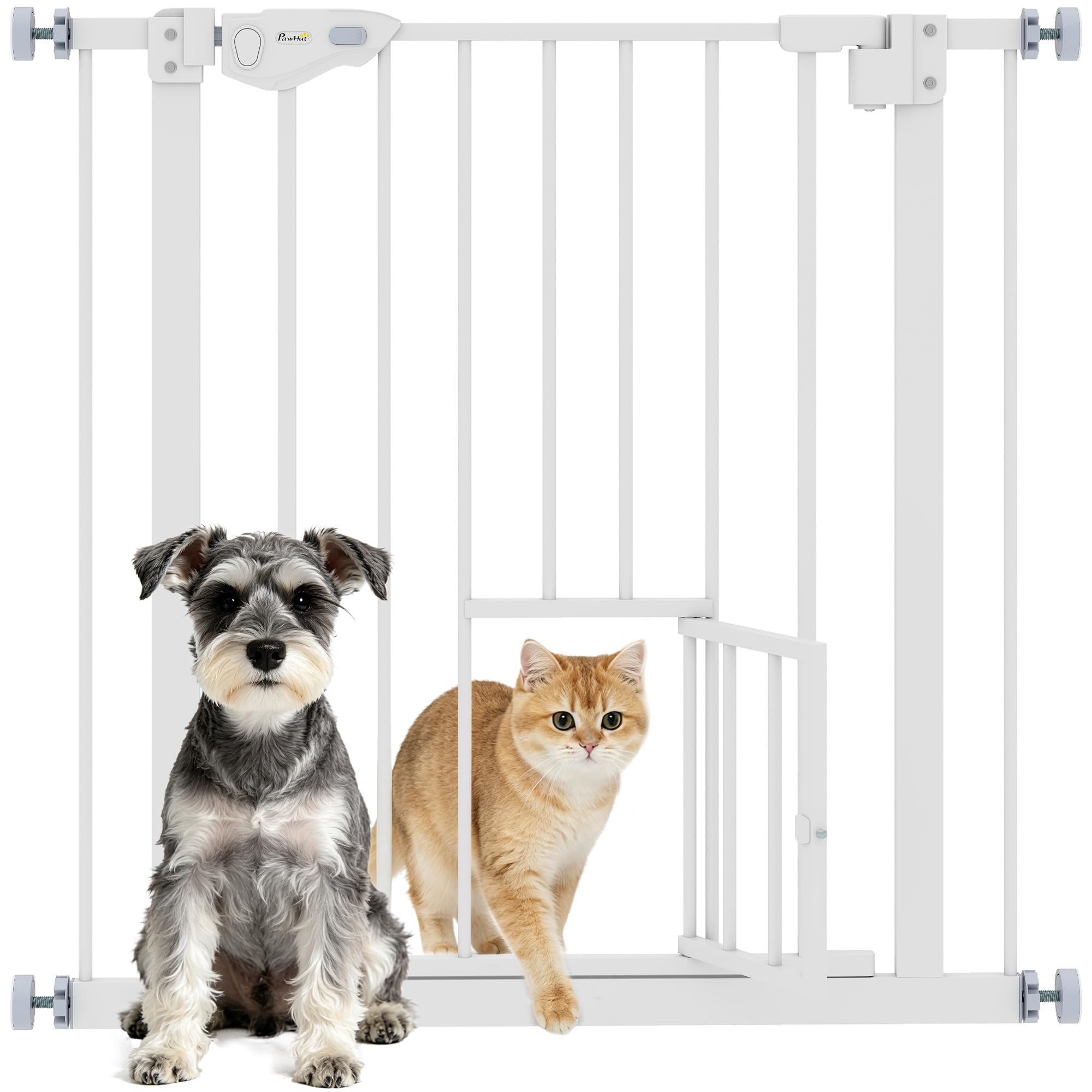 PawHut Barrera de Seguridad para Perros Barrera para Mascotas Extensible con Puerta Pequeño Cierre Automático y Sistema de Doble Bloqueo para Puerta Pasillo Escalera 74-80x76,2 cm Blanco