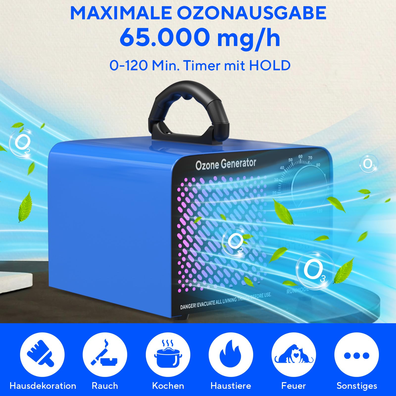 Generator ozonu 65 000 mg/h, ozonator przemysłowy O3 z timerem 120 min, temperatura, wilgotność powietrza, ozonator do 300㎡ O3, ozonator do garażu, mieszkania, hoteli, kuchni, zwierząt domowych (L1)