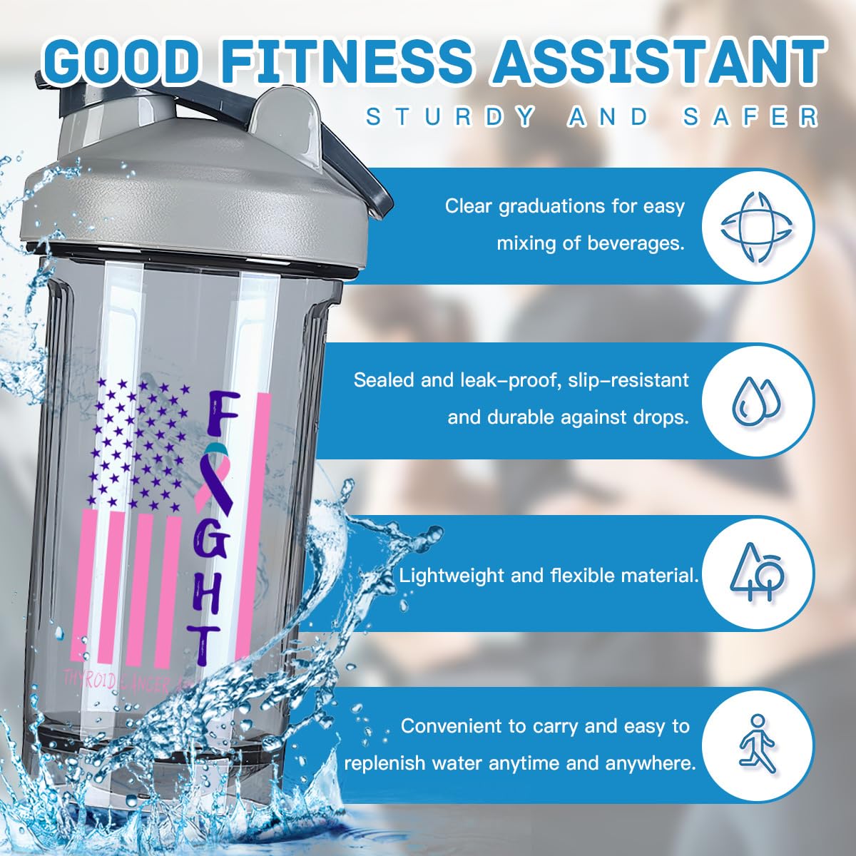 Breast Cancer Warrior Support Squad Thyroid Cancer Awareness 18 Ounce Shaker Cup,Fashion Theme Pattern Shaker Bottle Leak-proof Workout Shake Bottles 500ML/18 oz Perfect for Pre Workout