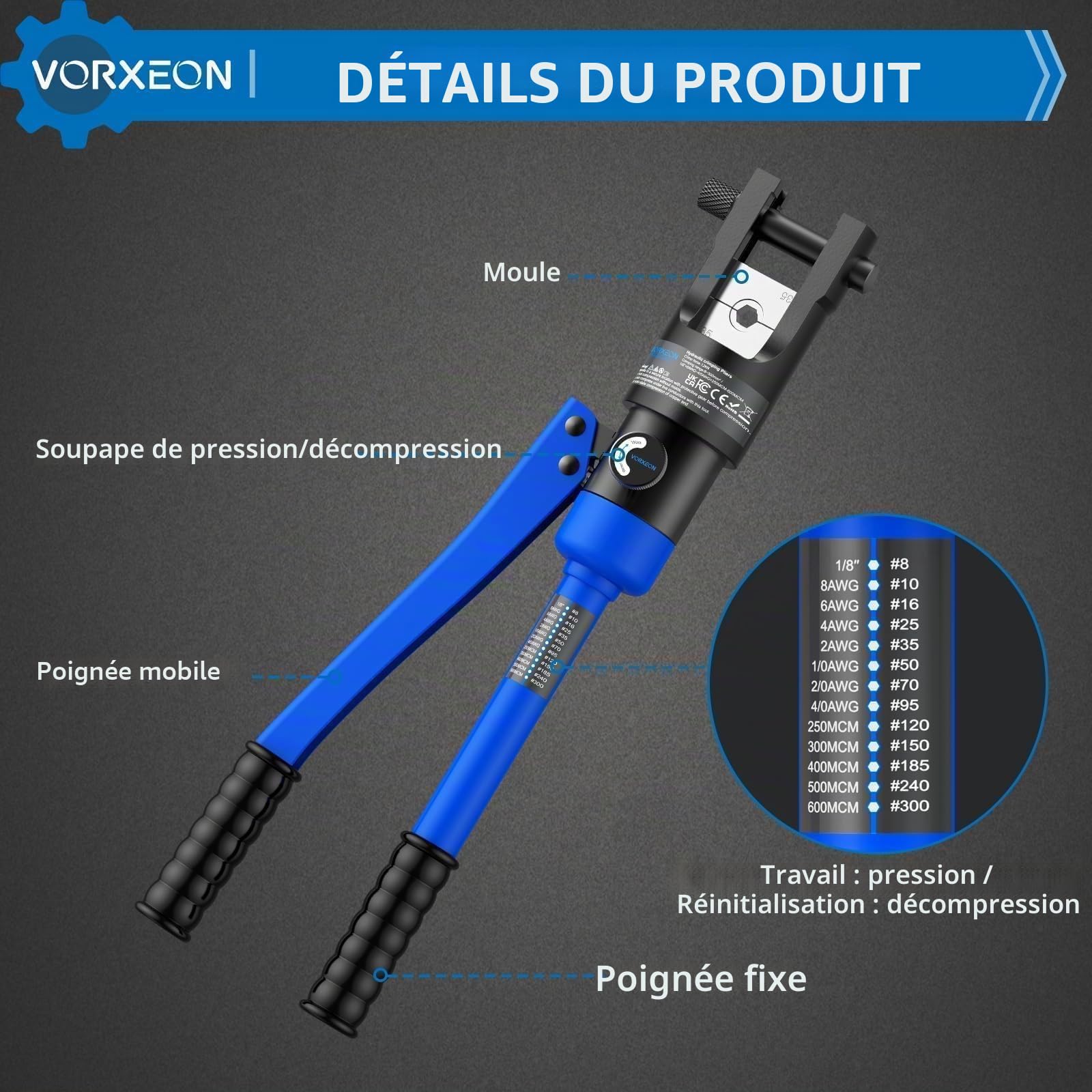 Pince à Sertir Hydraulique 12T Professionnelle (8-300mm²/1/8"-600 MCM) - 13 Matrices avec Étiquettes Autocollantes Pour Cosses Cuivre/aluminium - Haute Précision, Usage Intensif