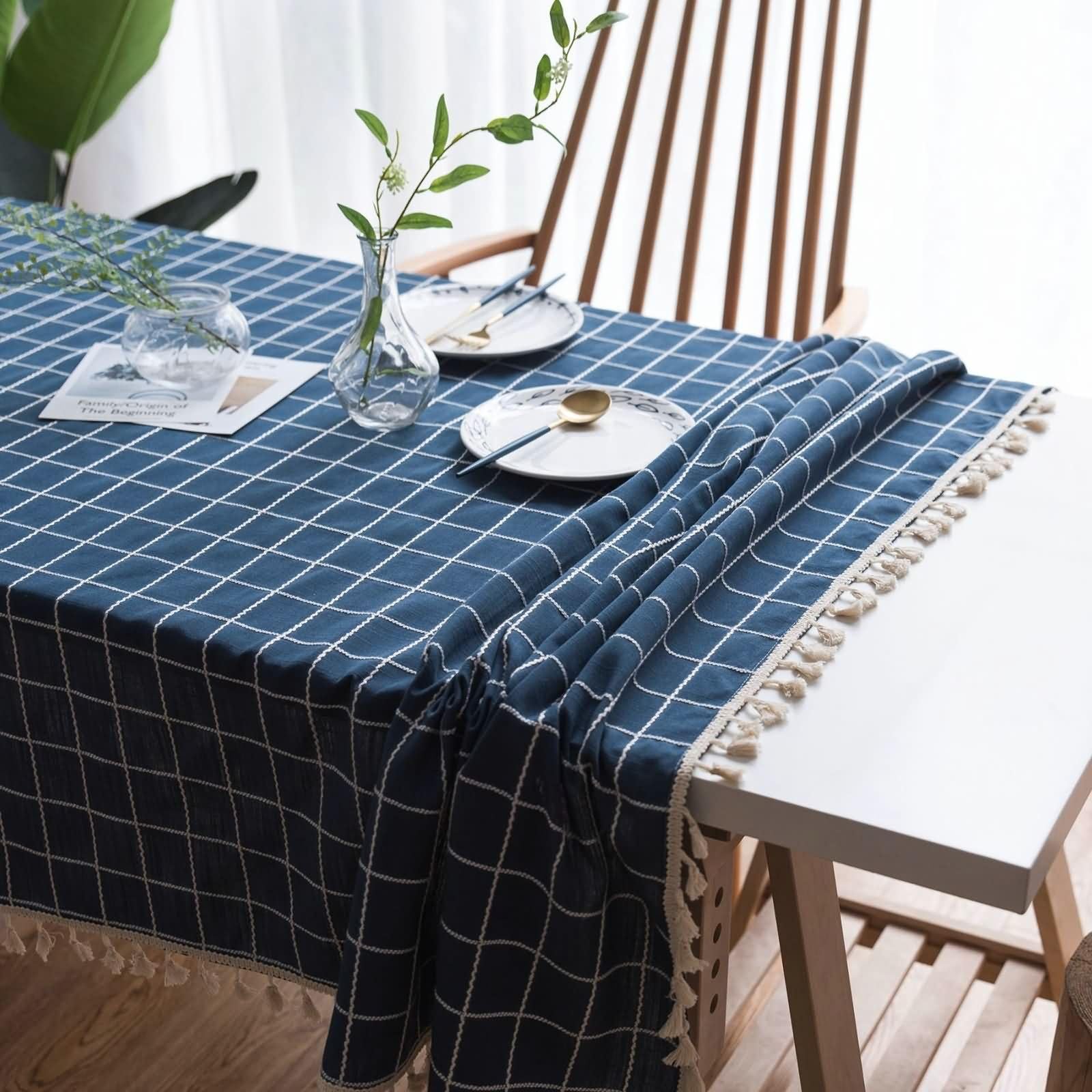 Dunkelblau Rechteckige Tischdecke 140 x 180 cm, Leinen Baumwolle Plaid mit Quasten, Tischdekoration Wohnzimmer
