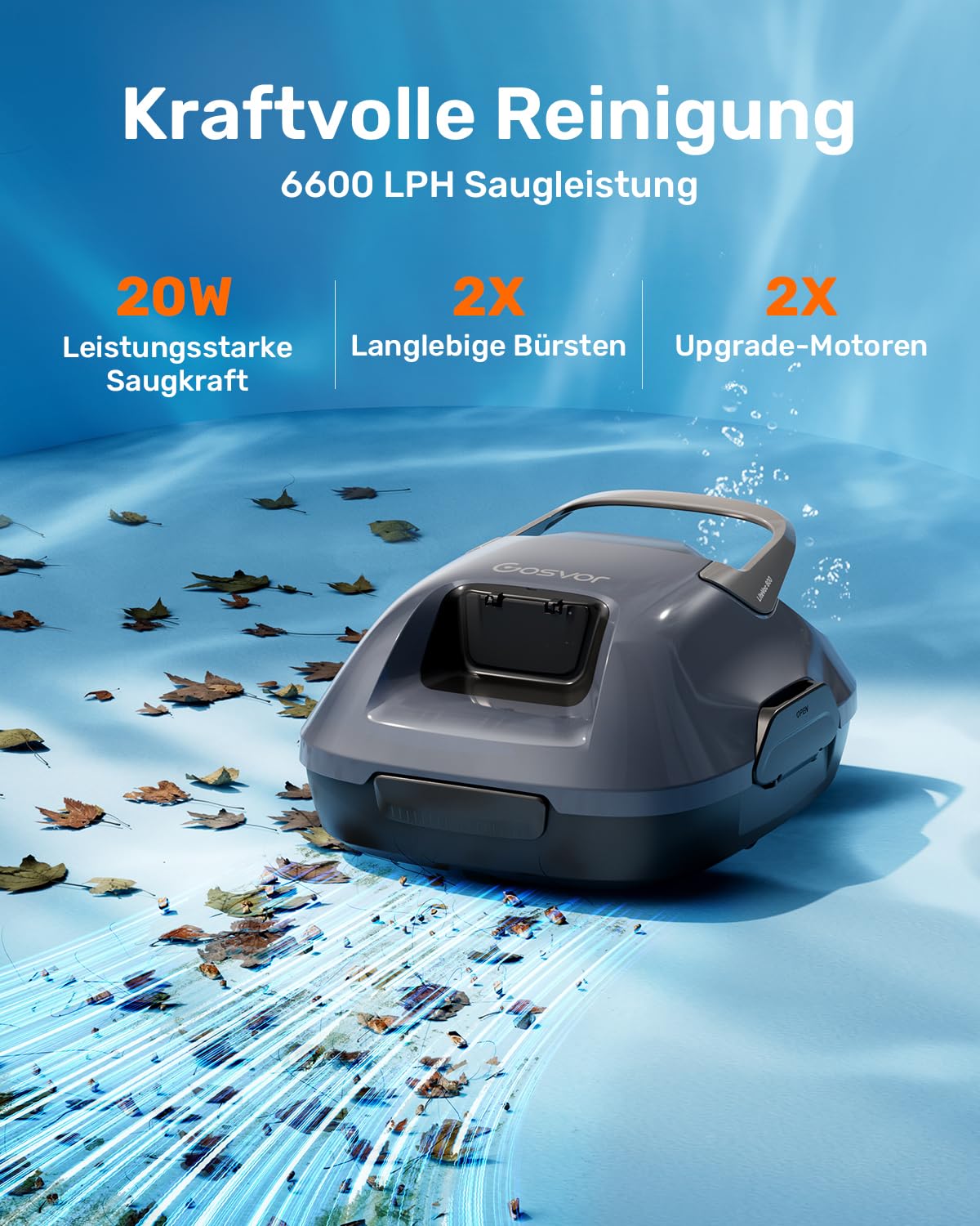 Gosvor Poolsauger Akku mit 90 Min Laufzeit, 3,4 kg Leichtgewicht Poolroboter, Einfach zu Bedienen, Selbstparkfunktion, 6600 LPH Starker Poolreiniger mit Doppelmotor, Ideal für Flache Boden bis 80 m²