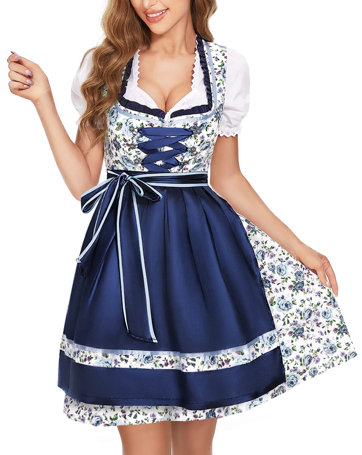 BENNIES Sukienka Ludowa Dirndl Damska Midi - Granatowa z Kropką Polka, Fartuch w Kratkę Różową, Jedwabna Wstążka - Dla Dorosłych, Rozmiary 34-48