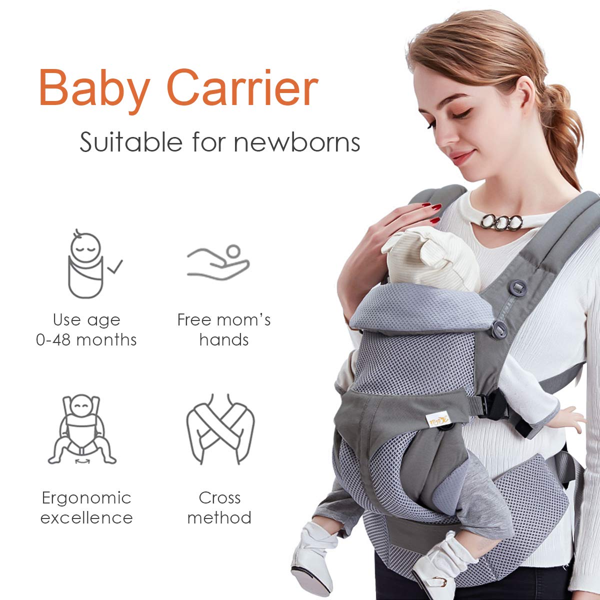SONARIN Mochila portabebé Transpirable Premium,Ergonómica,capucha de dormir,para recién nacidos y bebés(3-48 meses),carga máxima 20 kg,Soporte para la Cabeza,Marsupio portabebé(Gris Oscuro)