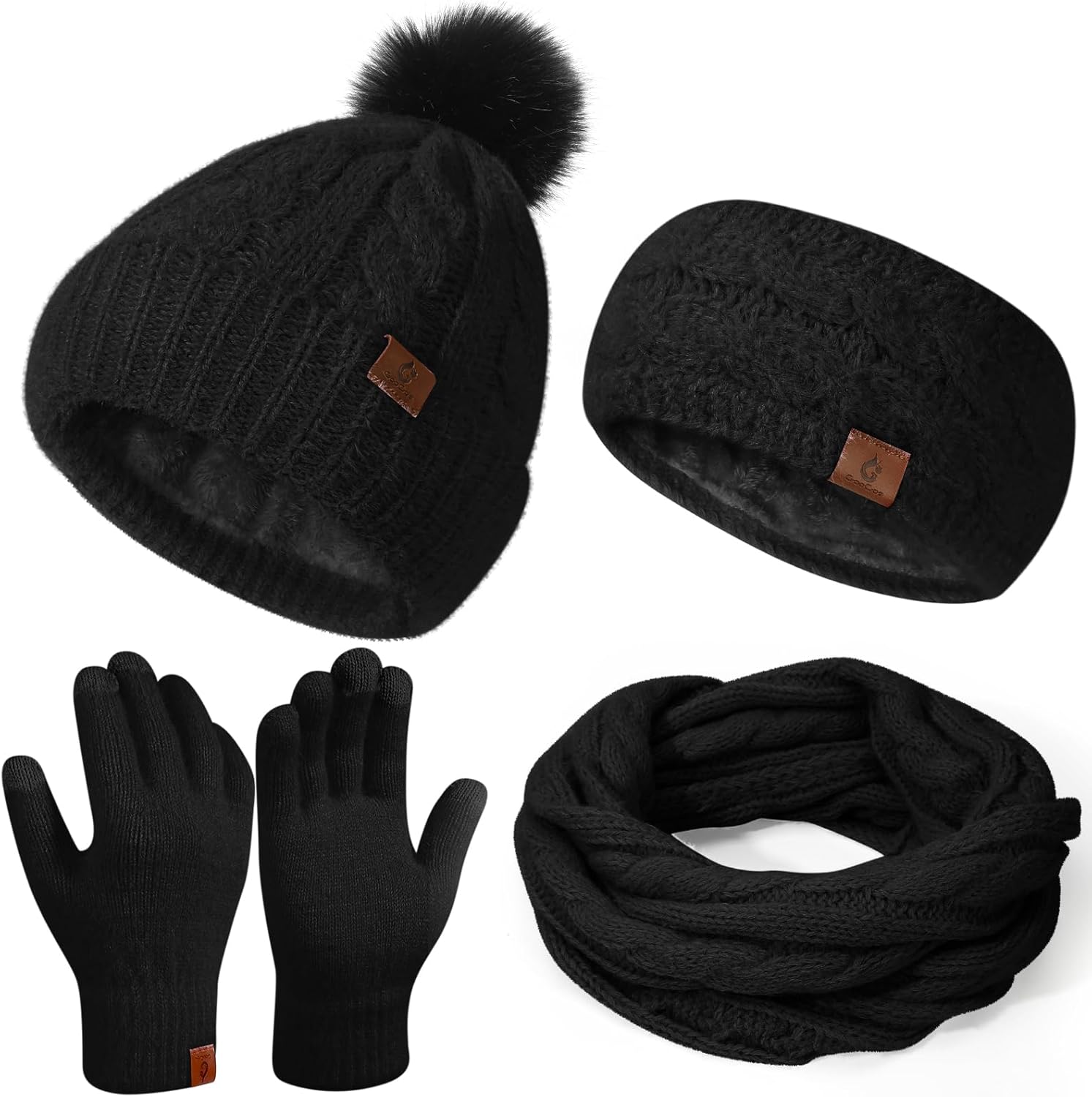 Womens Beanie Hat Infinity Scarf Touchscreen Gloves Fleece Headband 4 in 1 Winter Clothes Set Gifts for Women