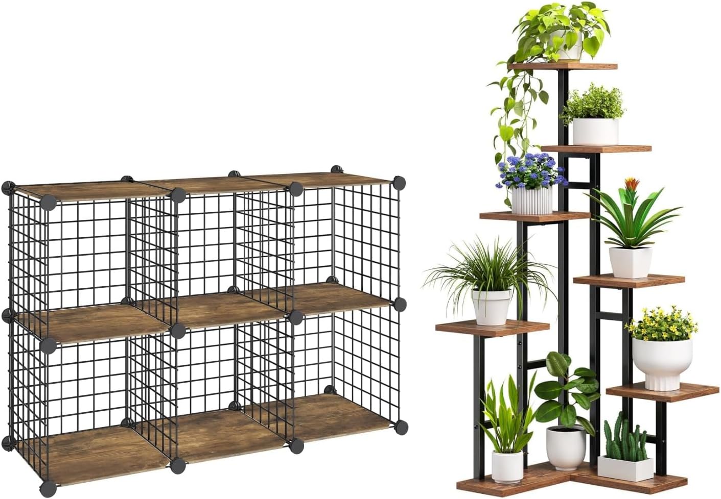HOOBRO Corner Plant Stand Indoor and Wire Cube Storage Organizer, 7-Tier Plant Shelf for Multiple Indoor Plants, 6-Cube Shelves, Modular Shelves with Metal Grid, BF01HJ01-BF06CW01
