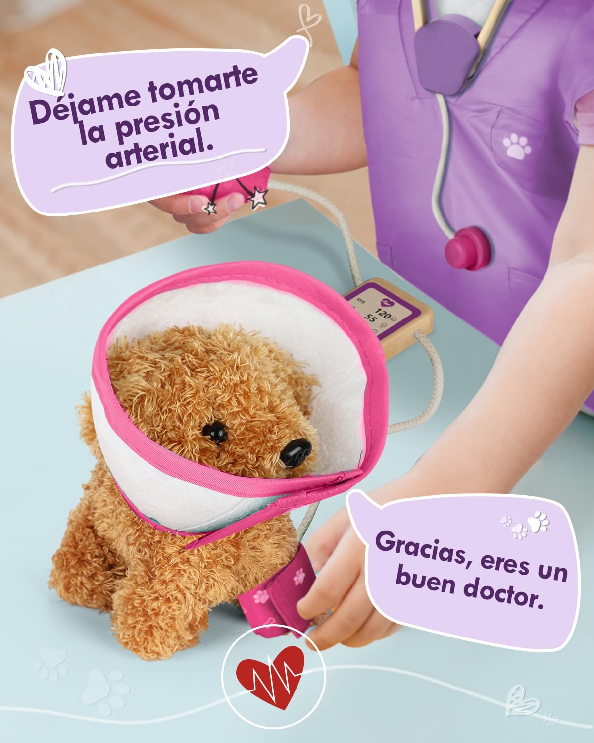Maletin Medico Juguete, Veterinario Juguete de Madera Perro de Peluche, Kit Medico Infantil, Juguetes Niños 3 Años(Rosa)