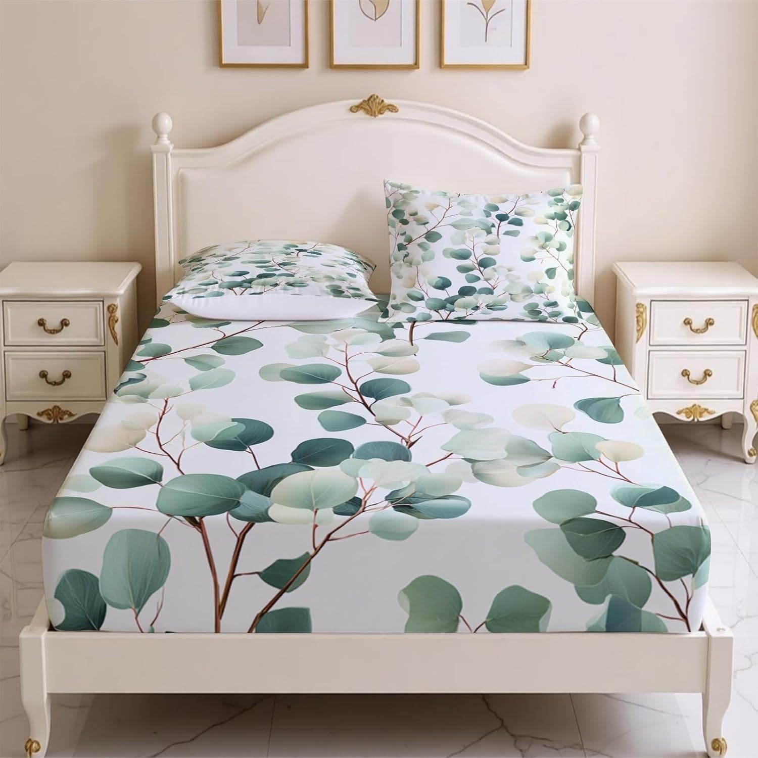 Green Leaves Small Double Fitted Sheet Plants Bed Sheets Deep Pocket 12 inch (30 cm) Soft Cozy 3 Piece Microfibre Bed Sheet 120x190 cm with 2 Pillowcases 50x75 cm