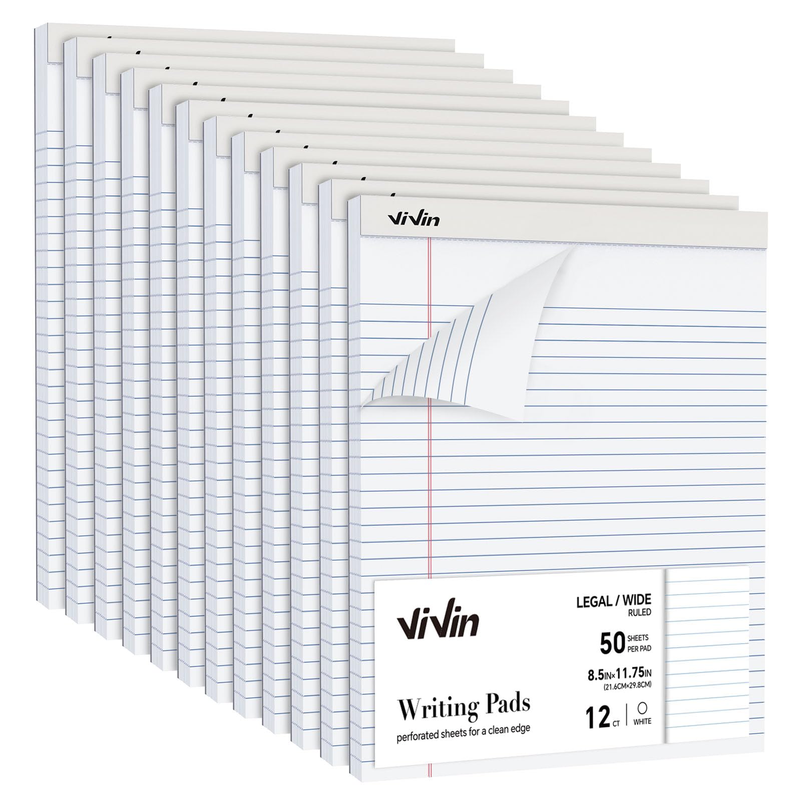ViVin Legal Pads 8.5 x 11 Inch, Wide Ruled Note Pads, 12 Pack, 50 Sheet/Pad, Perforated Writing Pads, Notepads for Office Home School, 600 Sheets,
