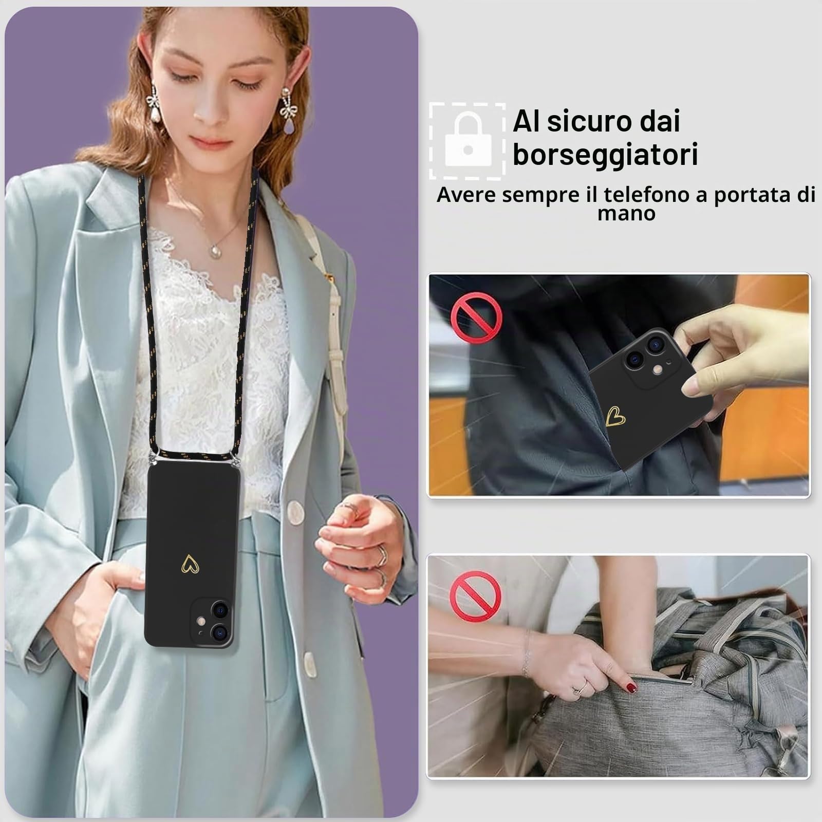Custodia Per IPhone 12 Con Cordino Regolabile – Cover TPU Morbido, Motivo Cuore E Tracolla A Collo, Vino Rosso