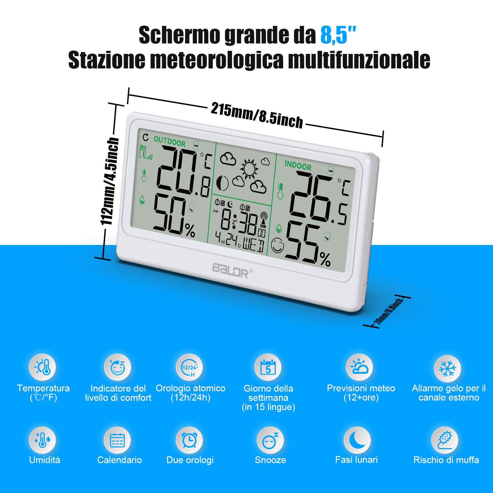 Stazione Meteo con Sensore Esterno,Thermometri e Igrometri Interni ed Esterni, 8,5''Stazione Meteorologica con RCC,Previsioni del Tempo, Fasi Lunari, Temperature Massime/Minime e Allerta Rischio Muffa