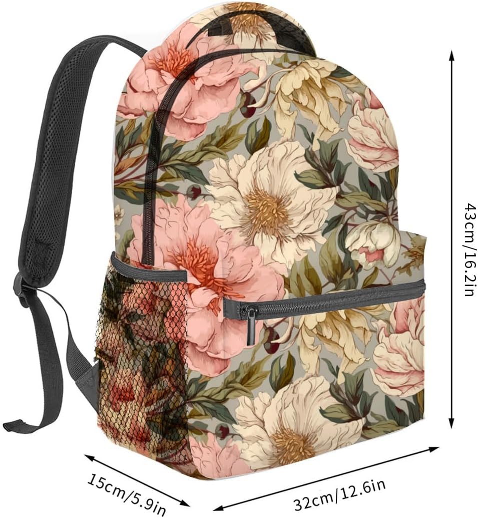 Vintage Floral Backpack, Polyester Laptop Bag, Elegant Peony Backpacks, Retro Botanical Flower Back Pack, Rucksack Gifts for Women, Girls, Teens Bookbag, Travel Daypack, Hiking, Camping