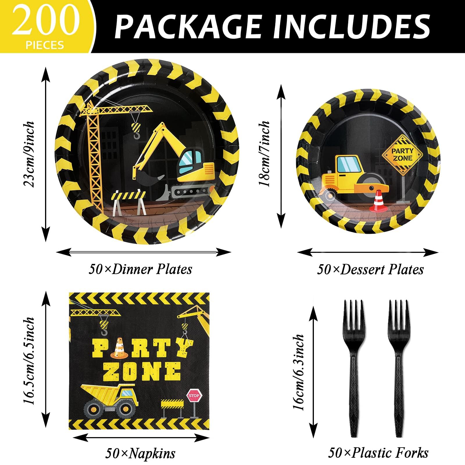 Construction Party Plates and Napkins Serves 50, Construction Birthday Supplies 200 Pcs Tableware Set Dump Truck Party Table Decorations Supplies Paper Plates Napkins Forks