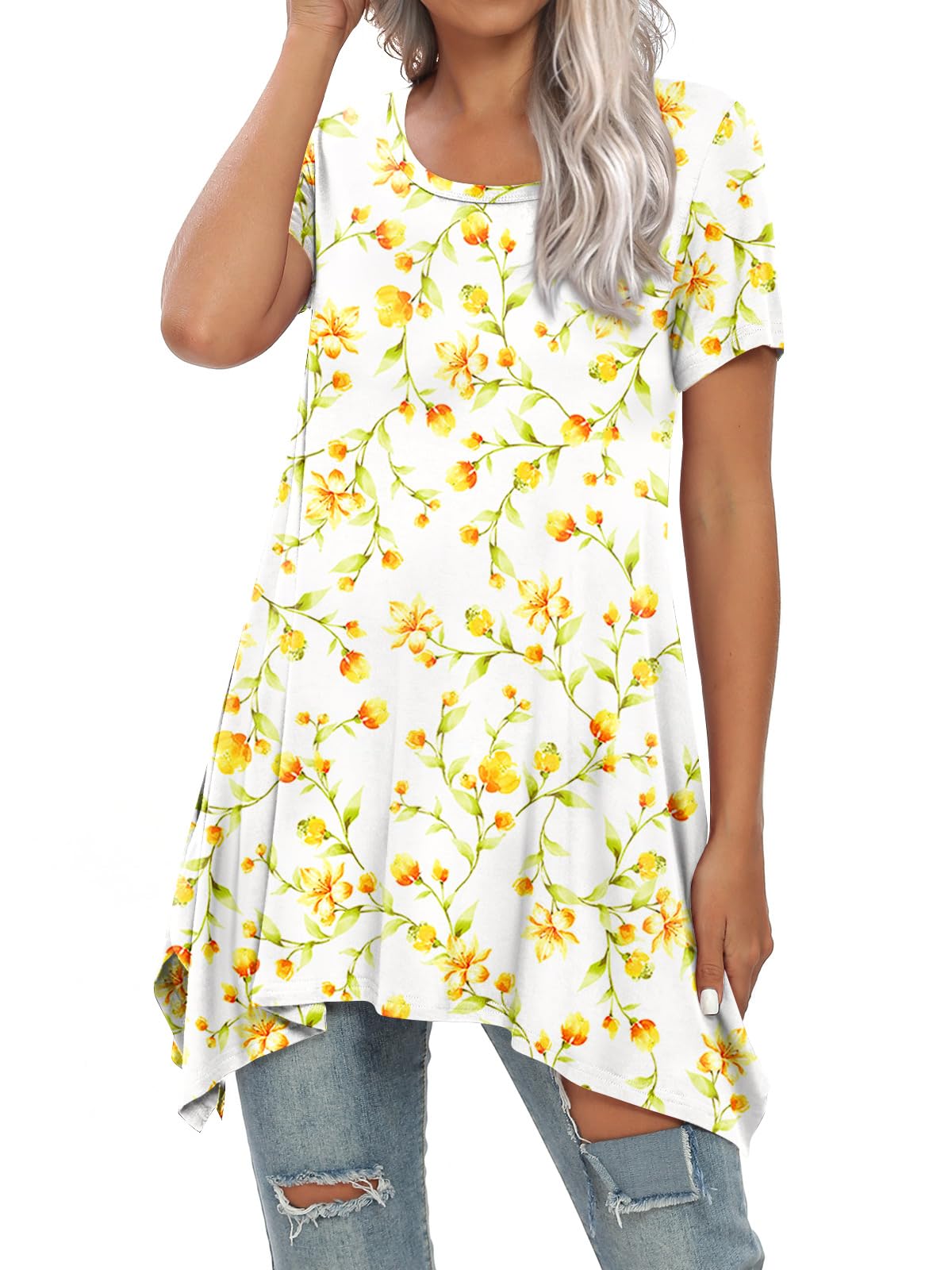 BISHUIGE Womens Summer Short Sleeve Irregular Hem Loose Tunic Tops Flowy Blouses Shirt