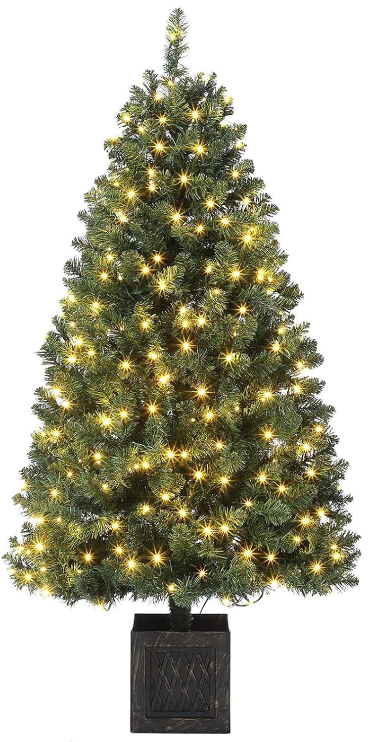 Litake 145 cm künstlicher Weihnachtsbaum mit 300 Lichtern, 8 Modus Warmweiß Vorbeleuchteter Metallgestell Weihnachtsbaum mit Vintage Blumentopf Weihnachten Deko für Familientreffen, Büro und Flure (1)
