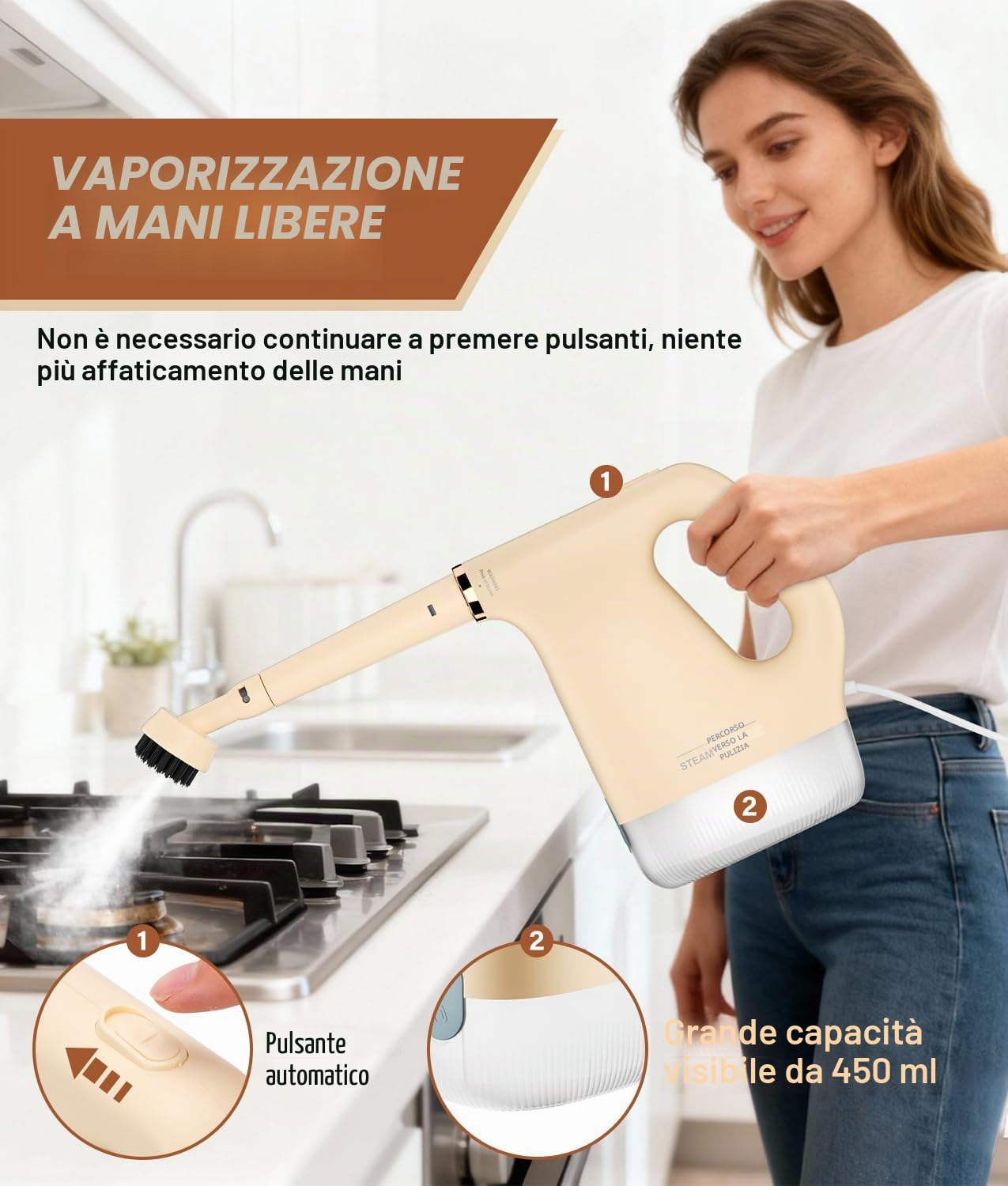 PAHTTO 1200 W Pulitore a vapore manuale, riscaldamento rapido in 20 secondi Pulitore a vapore manuale con serbatoio trasparente da 450 ml e 16 accessori, per cucina, bagno, divani, tappeti