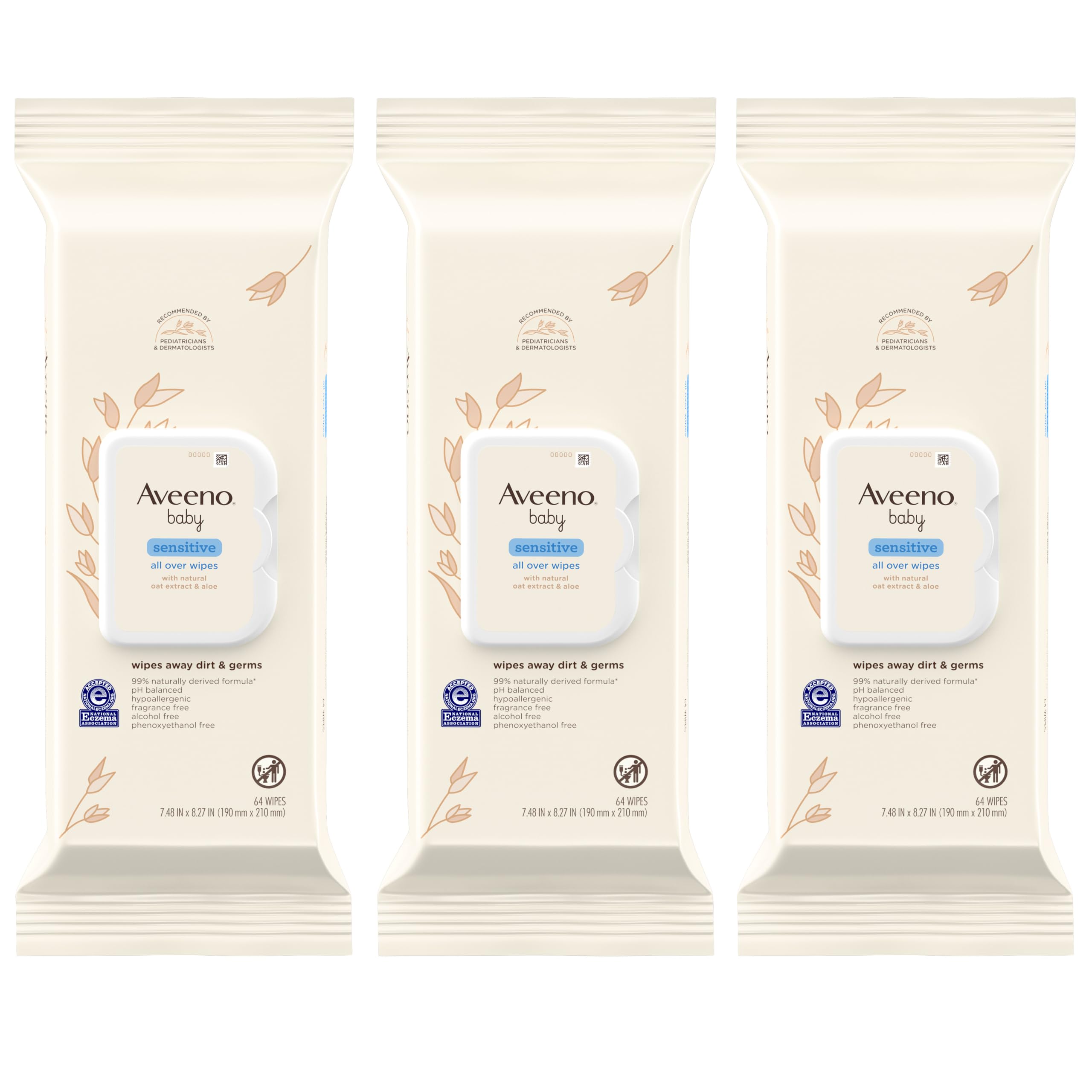 Aveeno Baby Sensitive All Over Wipes, Fragrance Free, 64 ct (Pack of 3 — grocery & food deal