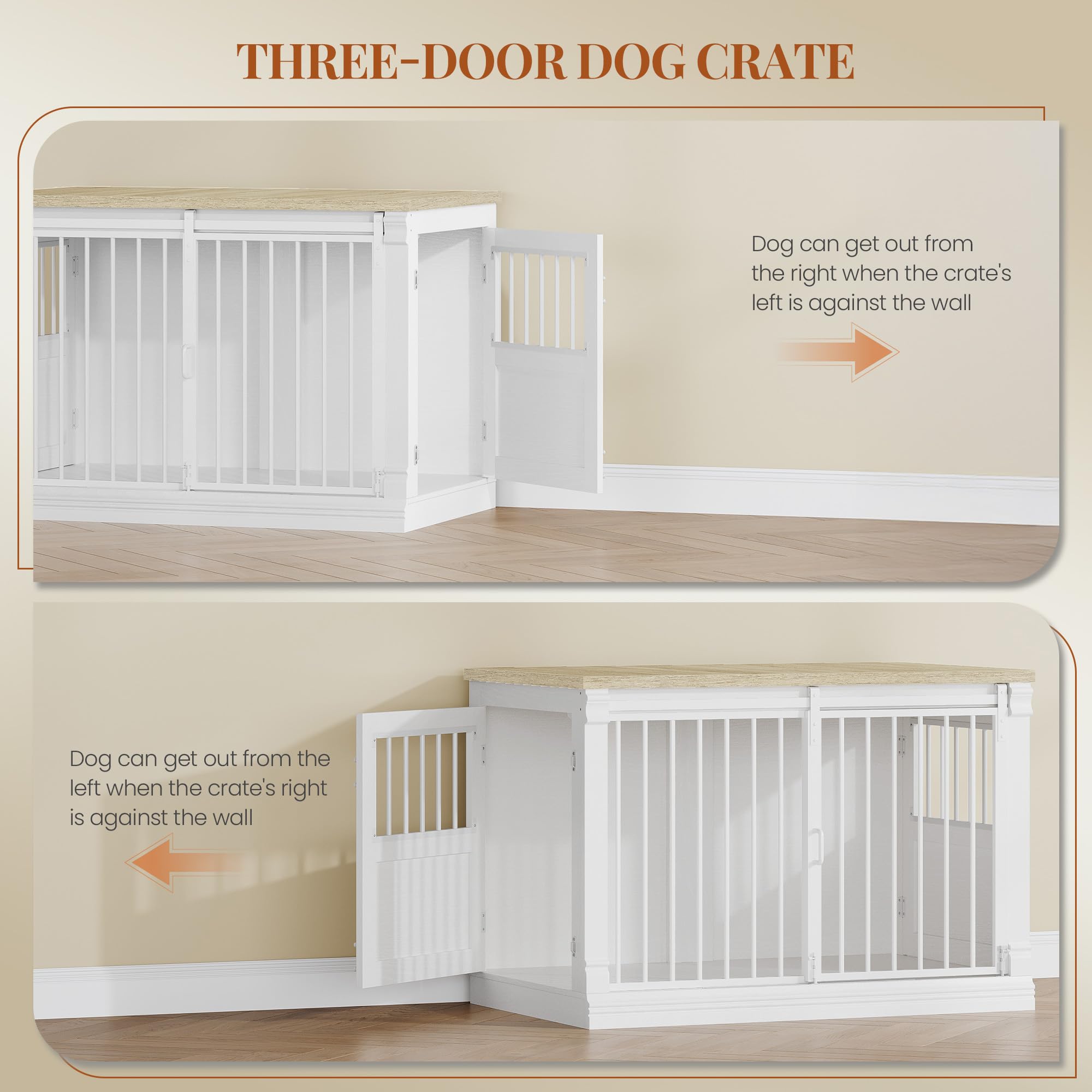 HEXCELEN 101cm Jaula para Perros, Mueble Mascotas Interior, Jaula Perro Grande para Casa de Madera, 3 Puertas, Mesa Auxiliar, Apto para Perros Medianos, 101 x 60,5 x 70 cm, Roble Blanco y Blanco