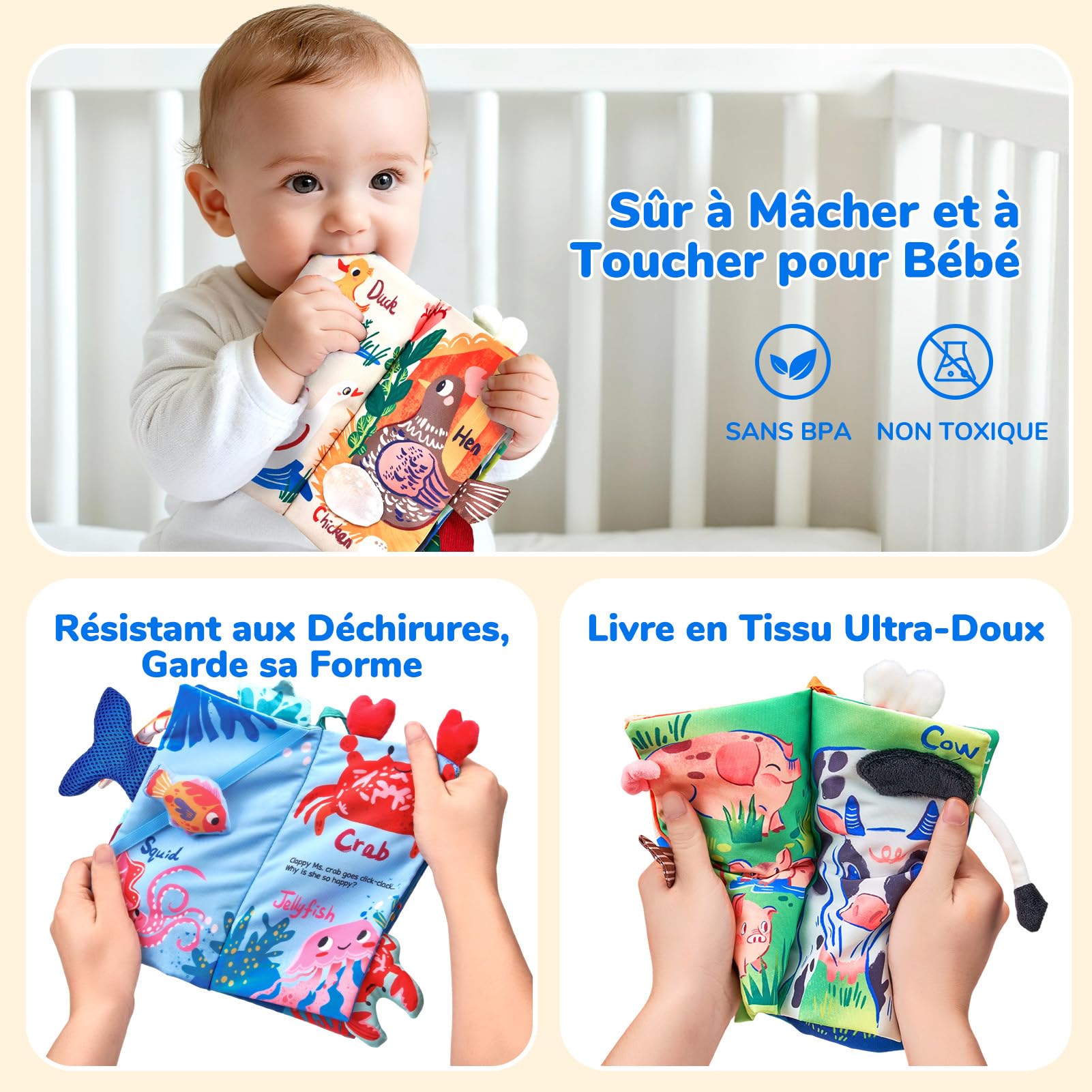 JoyCat Livre Tissu Bébé Eveil, Jouet Eveil Bebe 0-3-6 Mois Livre Sensoriel Bébé Cadeau Naissance Fille Garçon, Livres Doux Froissé avec des Animaux