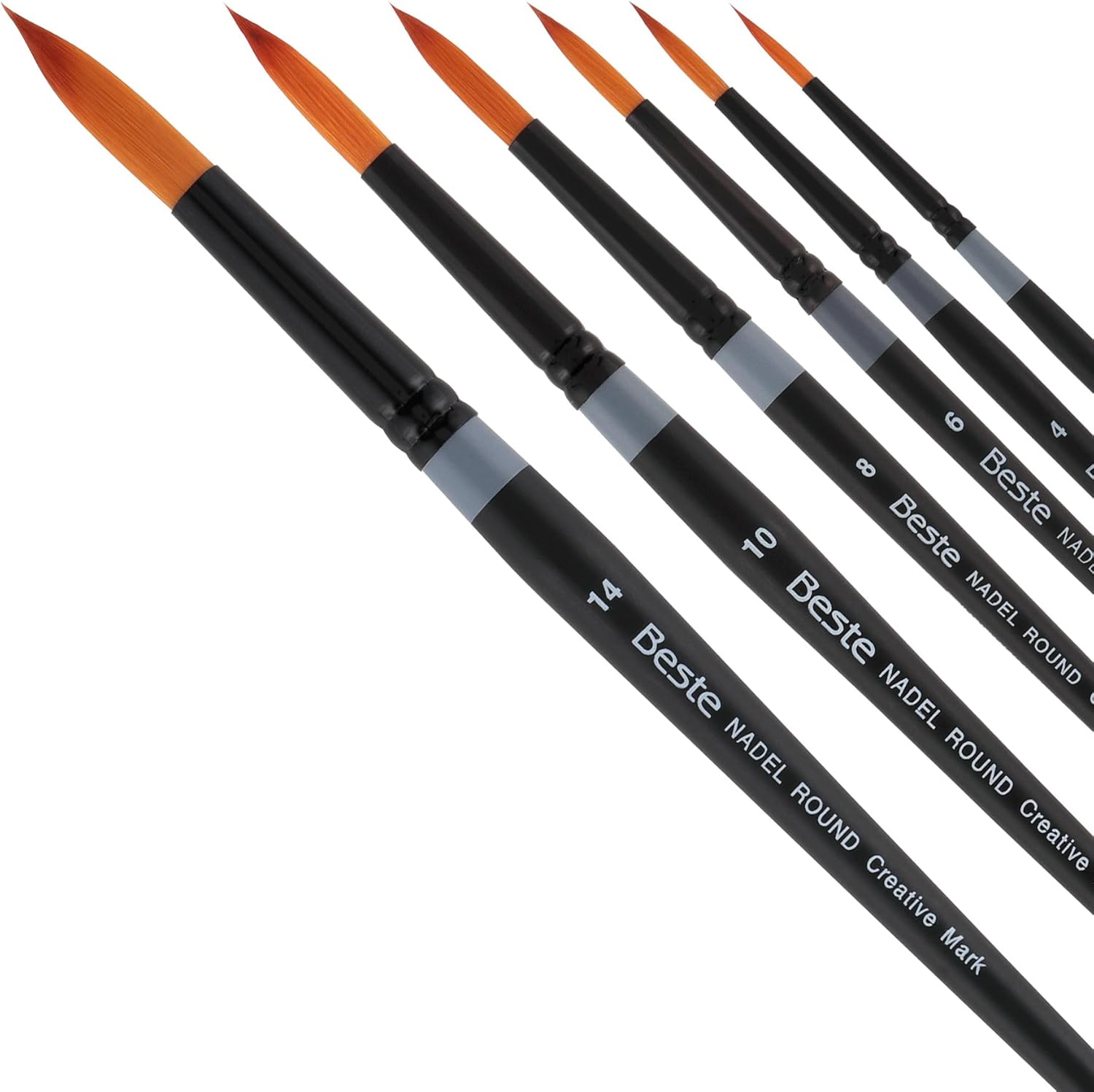 Creative Mark Beste Golden Taklon Nadel Round Set of 6 Artist Brush, Professional Watercolor Brushes, for Acrylic Painting, Short Handle, Sharp Edges, Hand-Tied & Shaped