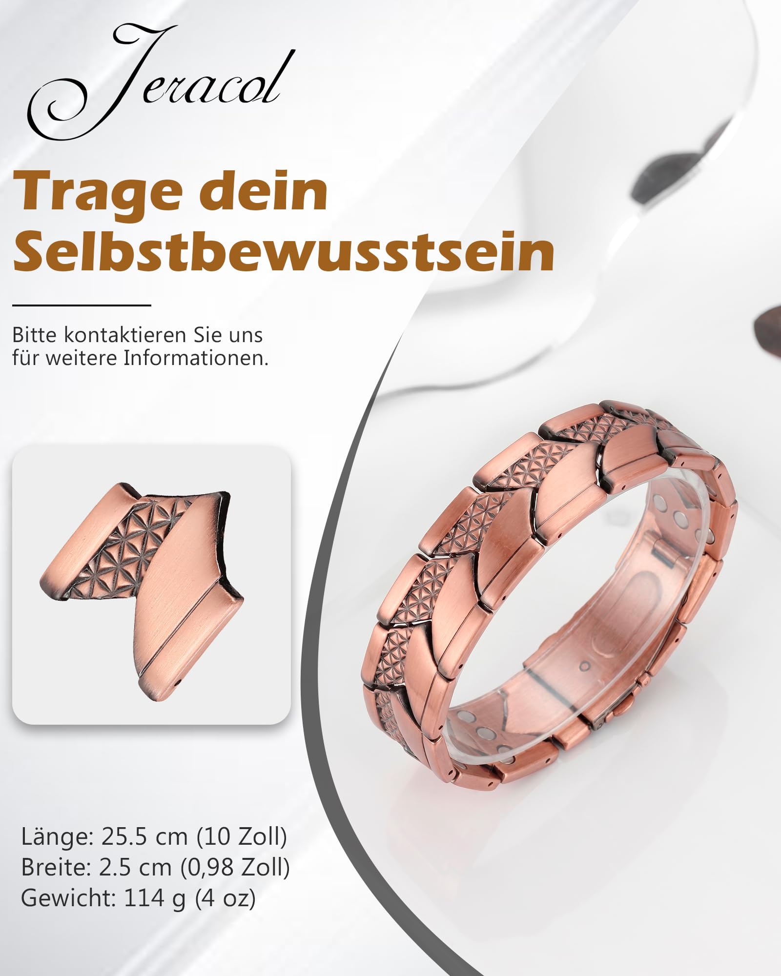 Jeracol Kupfer Magnetarmband Herren, 99% Reines kupferarmband mit ultrastarken Magneten, Einstellwerkzeug und Schmuck-Geschenkbox