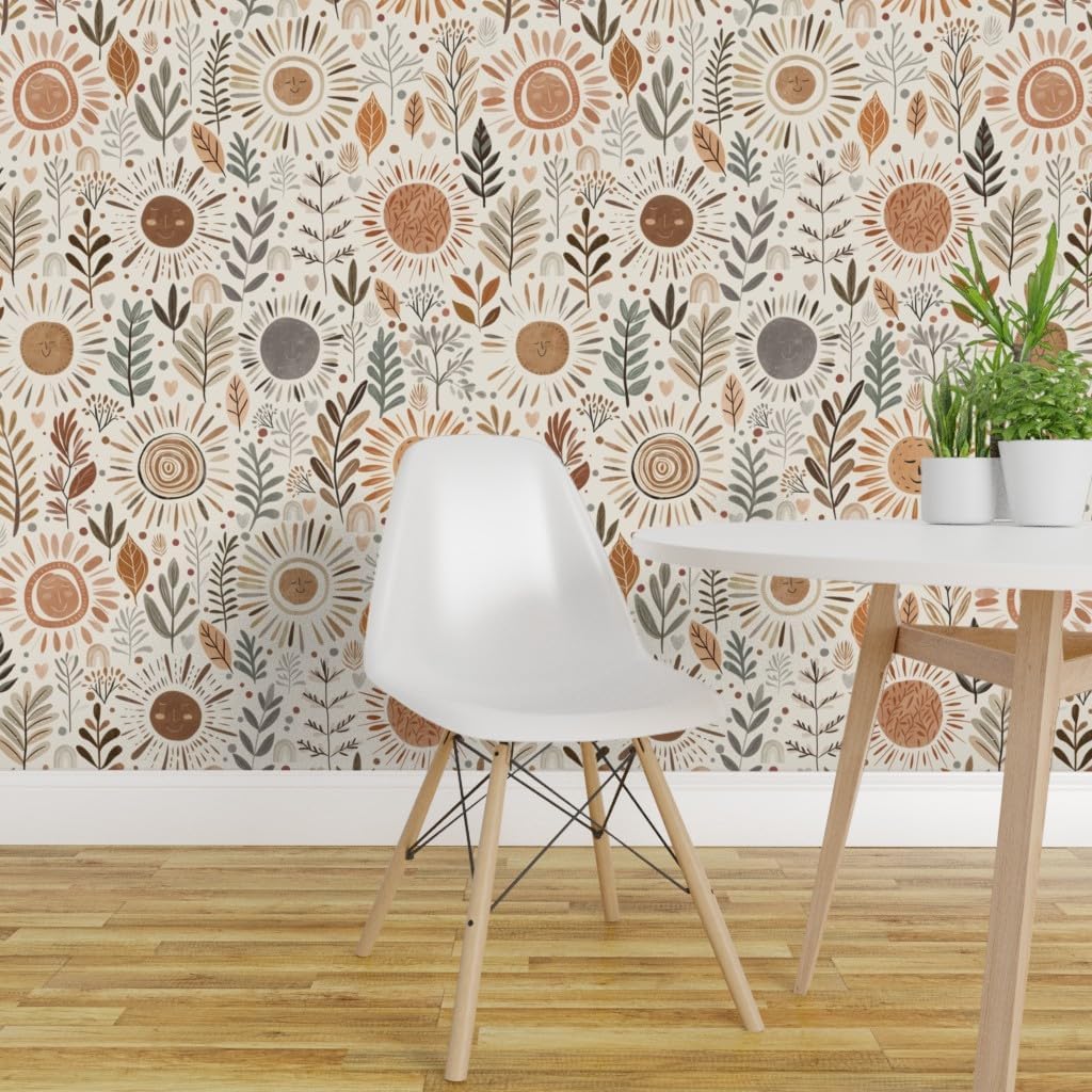 Removable Wallpaper 6ft x 2ft - Boho Winter Sun Neutral Floral Earth Tones Botanical Bohemian Witchy Whimsical Cute Custom Pre-Pasted Wallpaper by Spoonflower