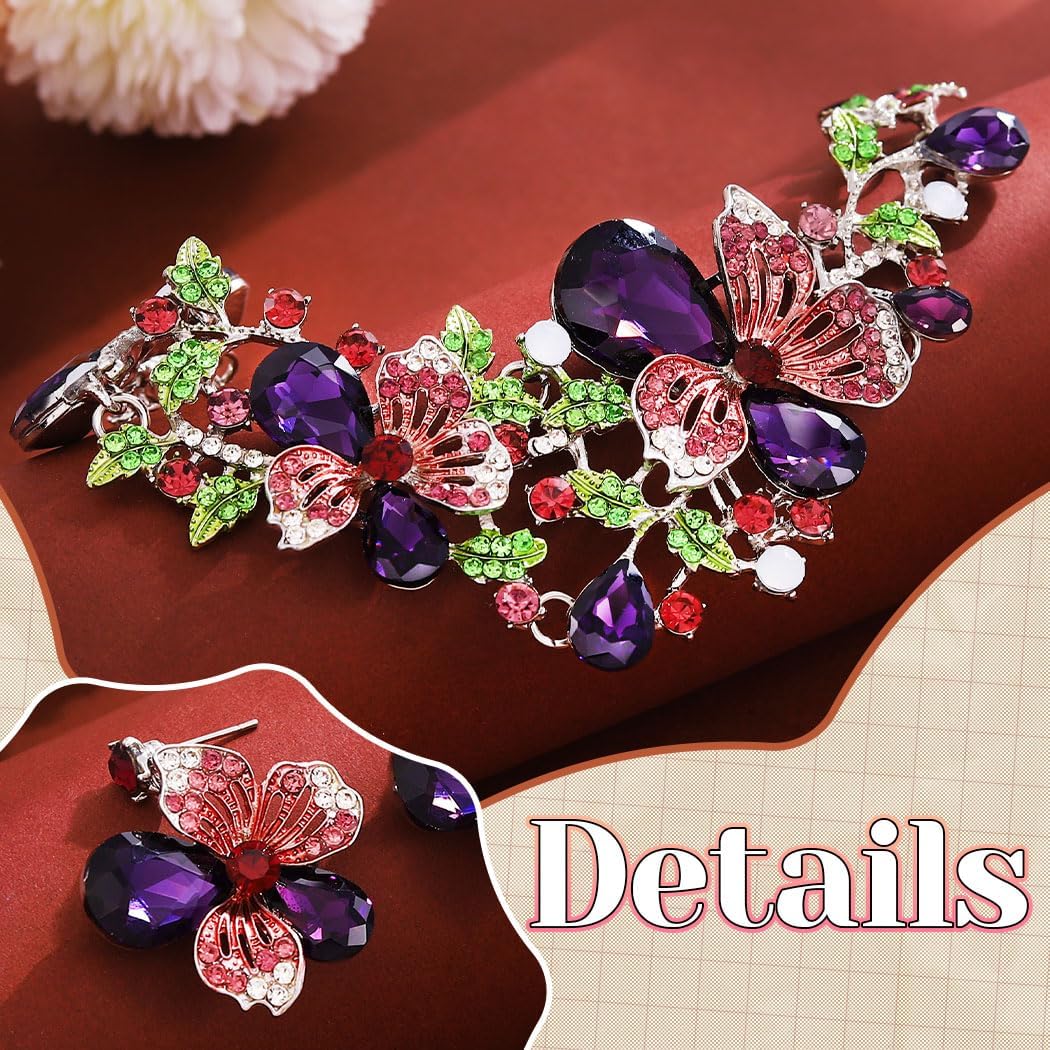 JAKAWIN Purple Jewelry Set Rhinestone Flower Necklace and Earring Set for Women - Image 6